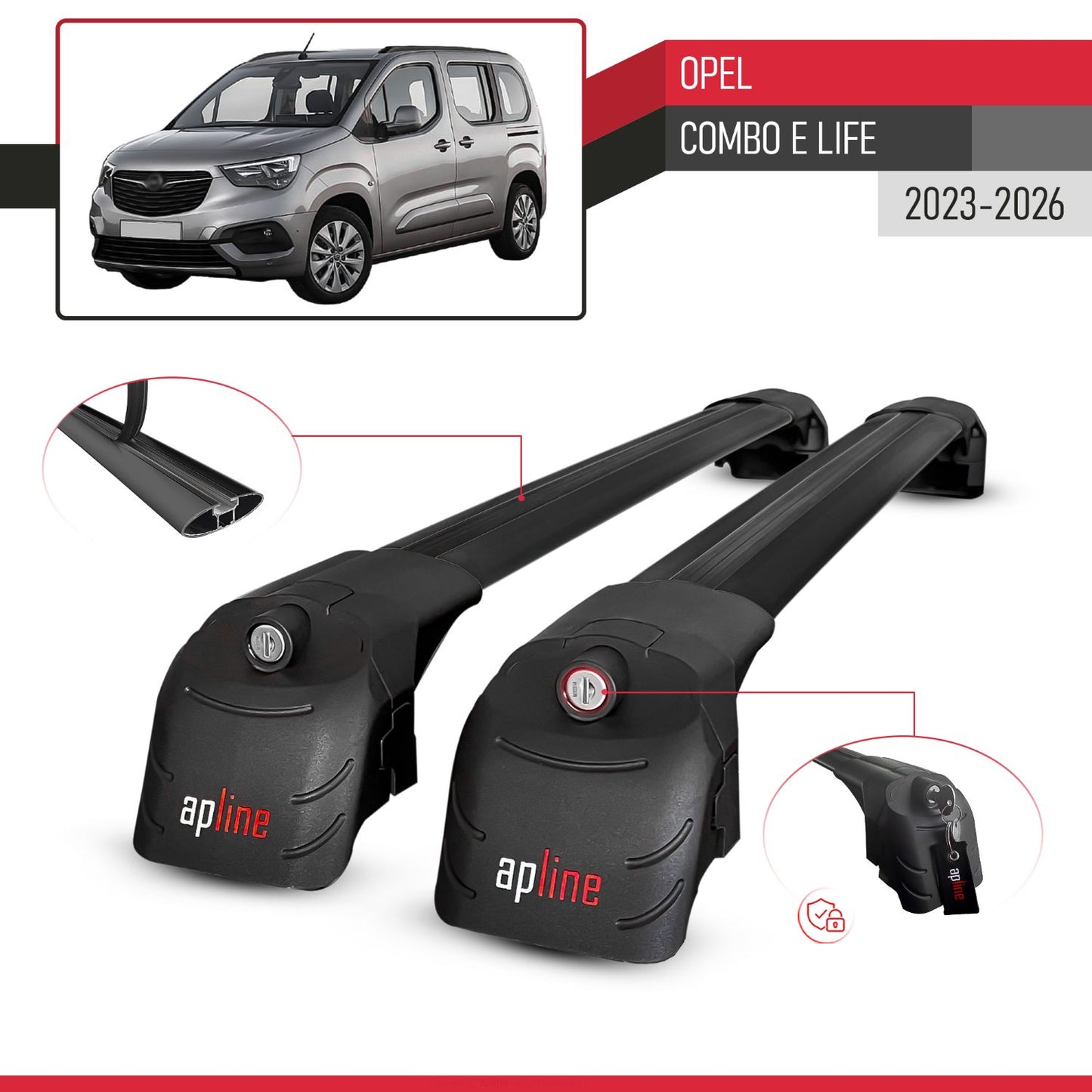 Compatible avec Opel Combo E Life 2023-2026 ACE-2 modèle Barres de Toit Railing Porte-Bagages de Voiture Noir Aluminium Barres