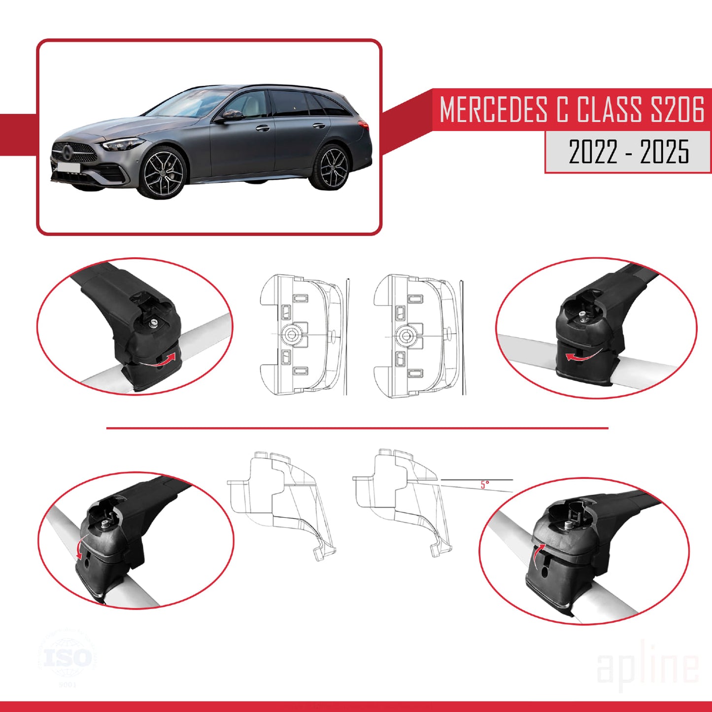 Compatible avec Mercedes Classe C 5 (S206) 2022-2025 ACE-2 Barres de Toit Railing Porte-Bagages de Voiture Noir Aluminium 2 Barres