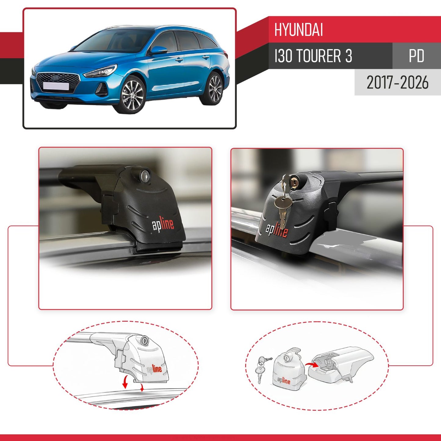 Compatible avec Hyundai i30 Tourer 3 (PD) 2017-2026 ACE-2 modèle Barres de Toit Railing Porte-Bagages de Voiture Noir Aluminium Barres