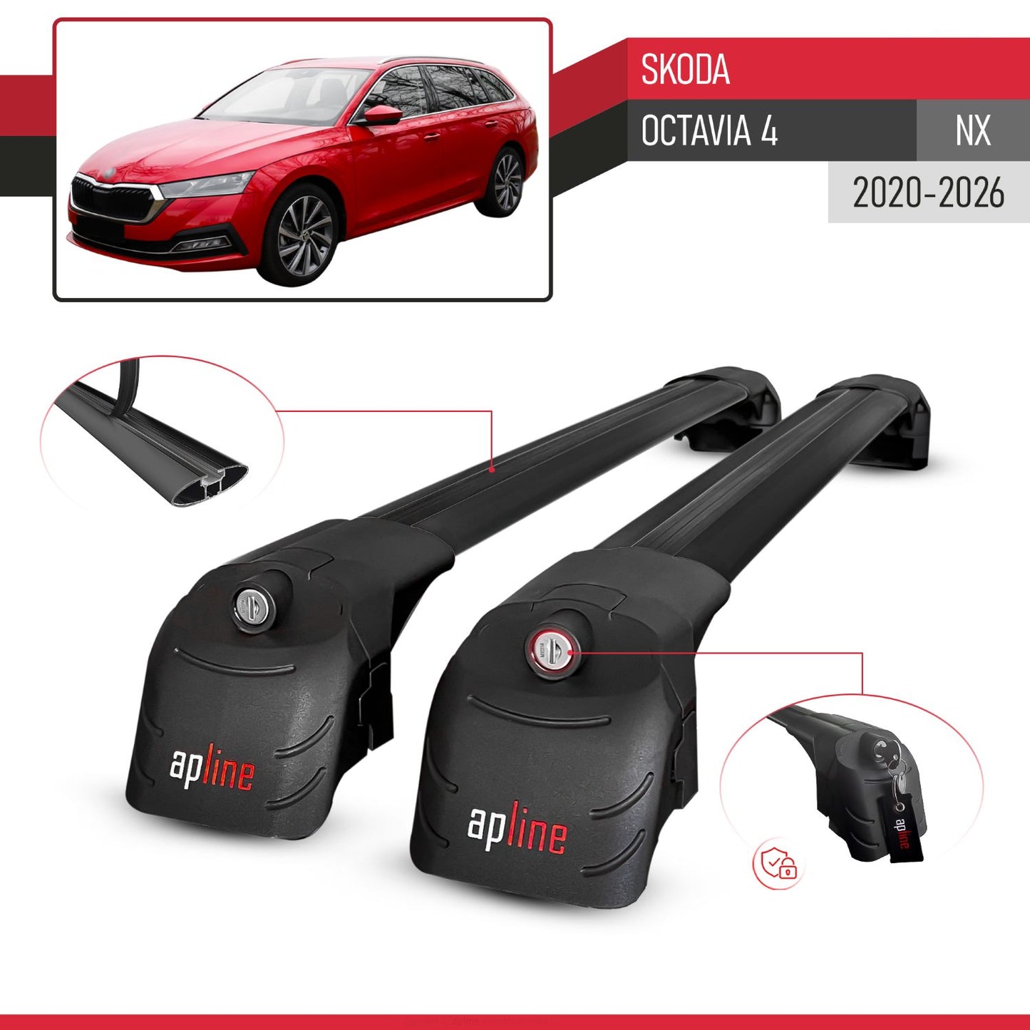 Compatible avec Skoda Octavia 4 (NX) 2020-2026 ACE-2 modèle Barres de Toit Railing Porte-Bagages de Voiture Noir Aluminium Barres