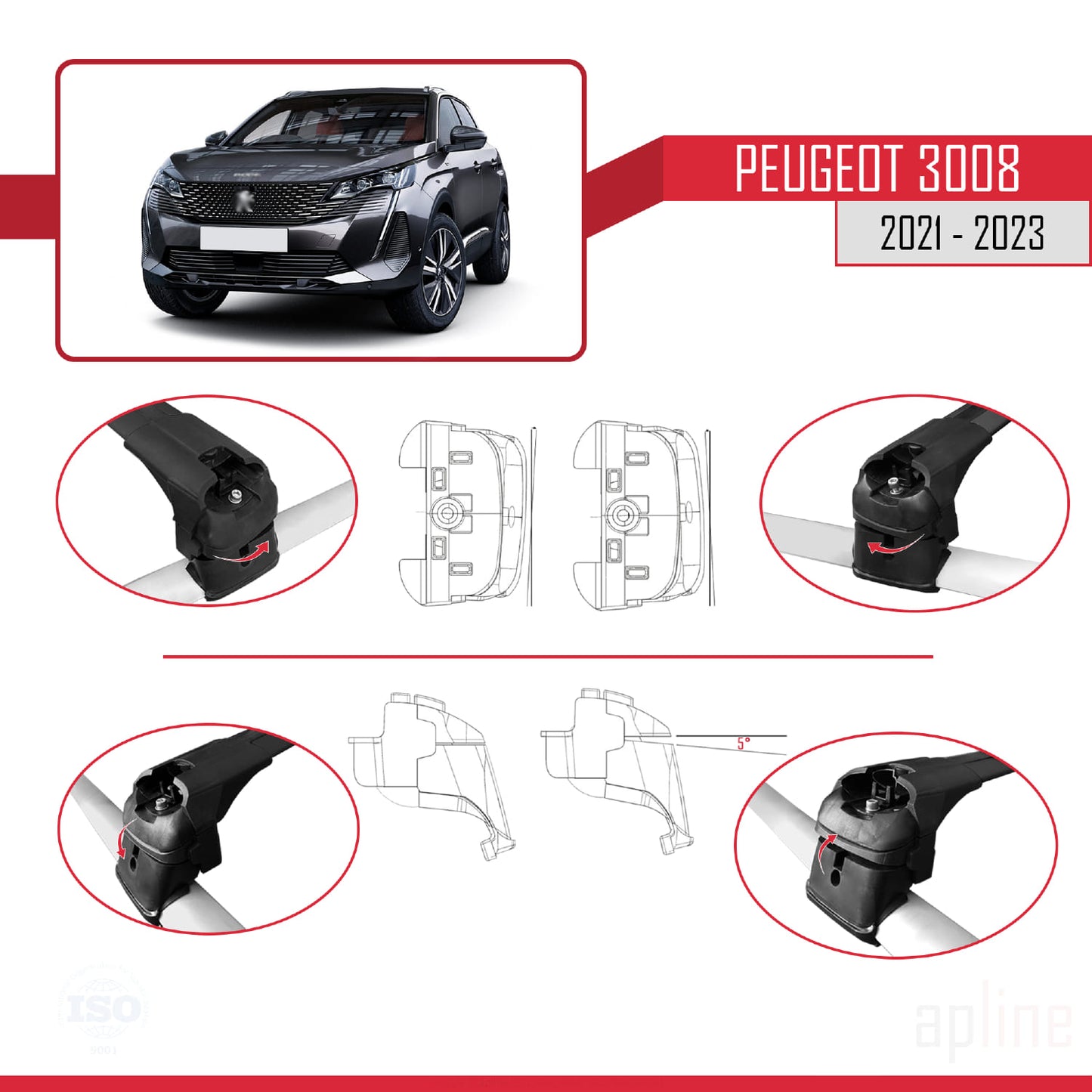 Compatible with Peugeot 3008 II (P84) Post-Facelift 2021-2023 ACE-2 Car Roof Rack Cross Bar Black Aluminium 2 Bars