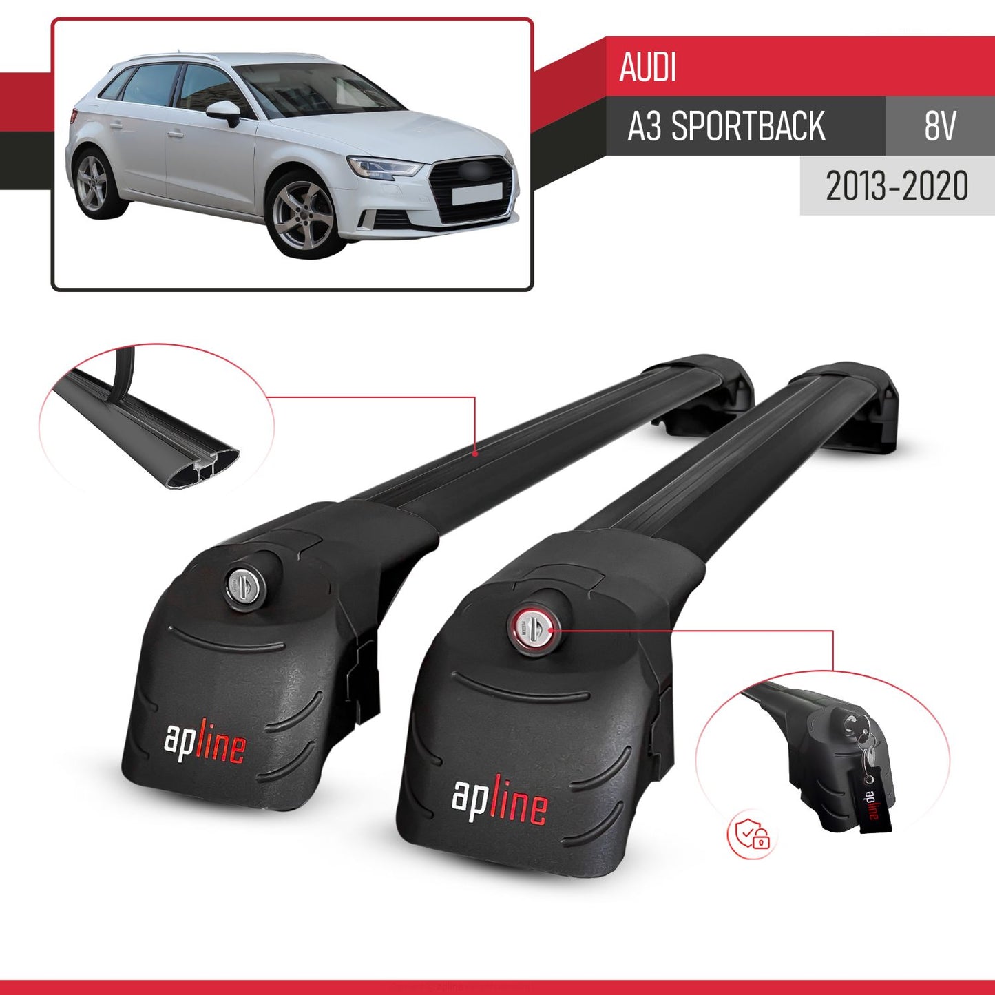 Compatible with Audi A3 Sportback 2015-2020 ACE-2 Car Roof Rack Cross Bar Black Aluminium 2 Bars