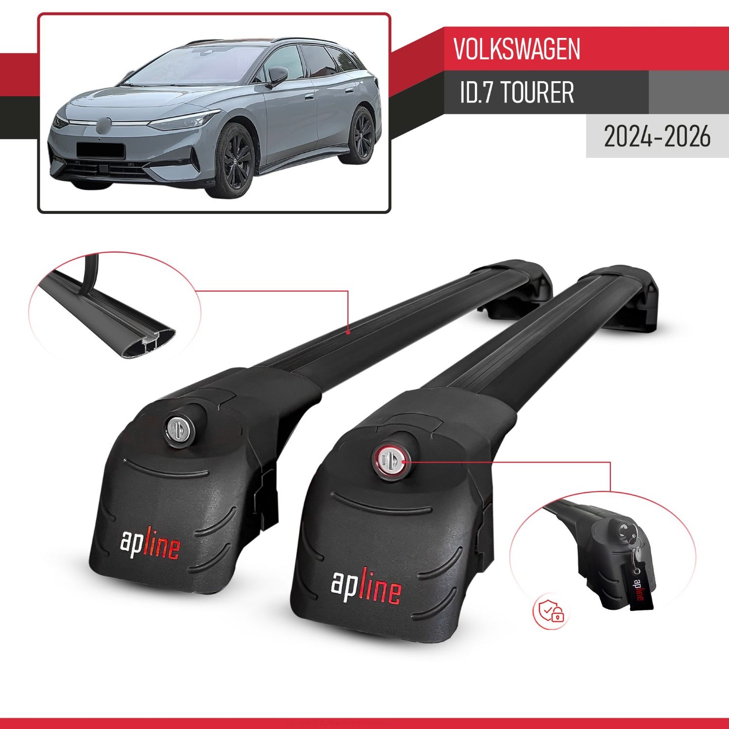 Compatible with Volkswagen ID.7 Tourer 2024-2025 ACE-2 Car Roof Rack Cross Bar Black Aluminium 2 Bars
