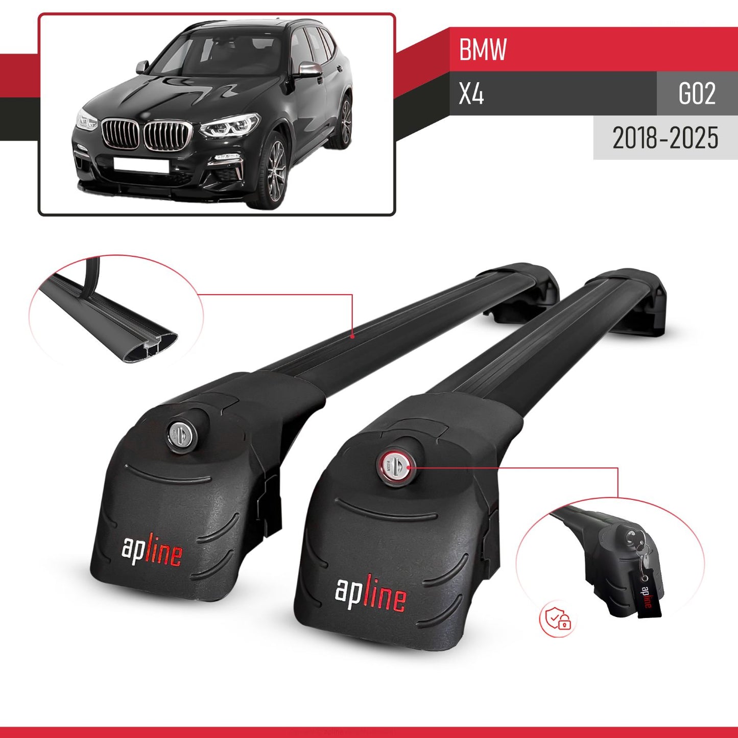 Compatible avec BMW X4 (G02) 2018-2025 ACE-2 modèle Barres de Toit Railing Porte-Bagages de Voiture Noir Aluminium Barres