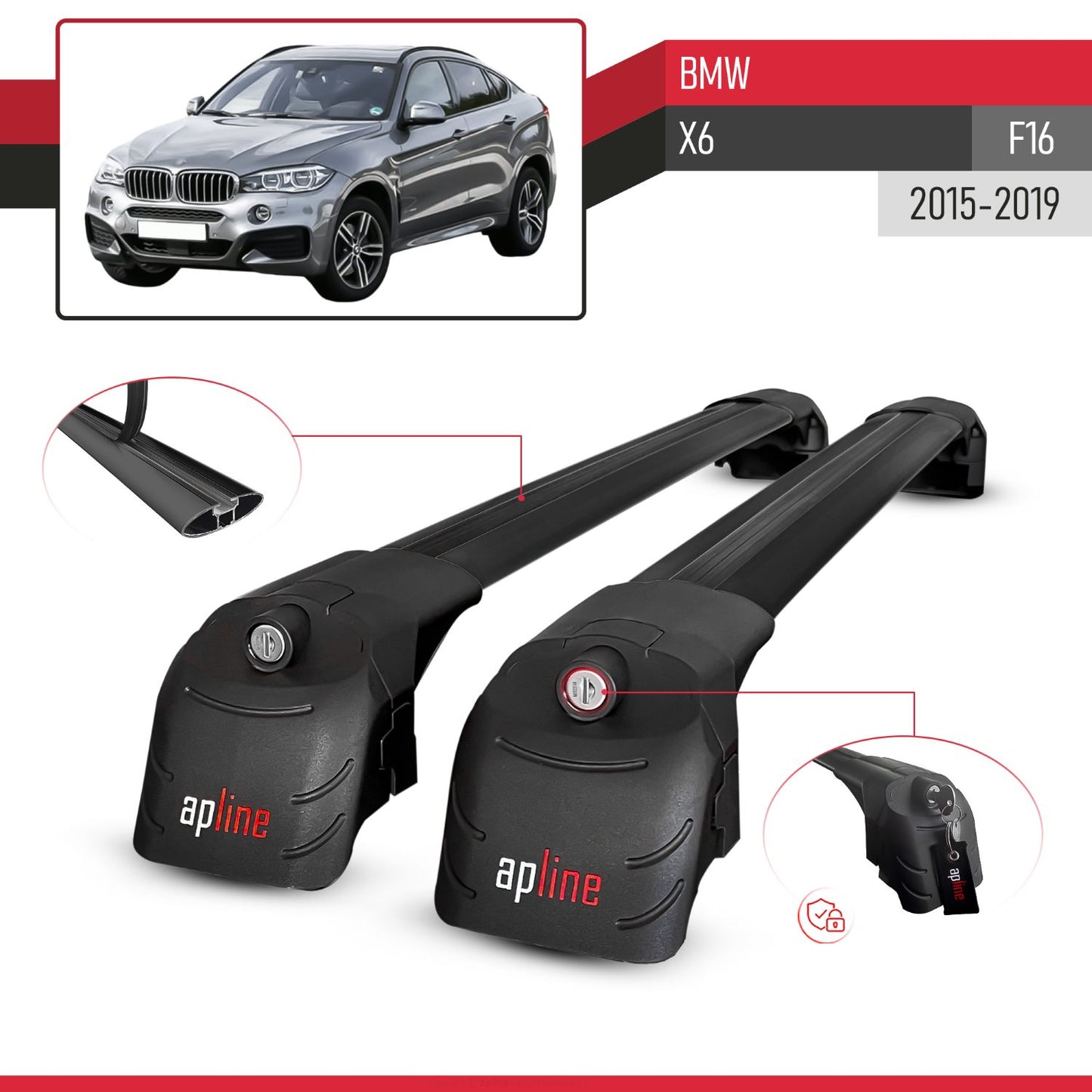 Compatible avec BMW X6 (F16) 2015-2019 ACE-2 modèle Barres de Toit Railing Porte-Bagages de Voiture Noir Aluminium Barres