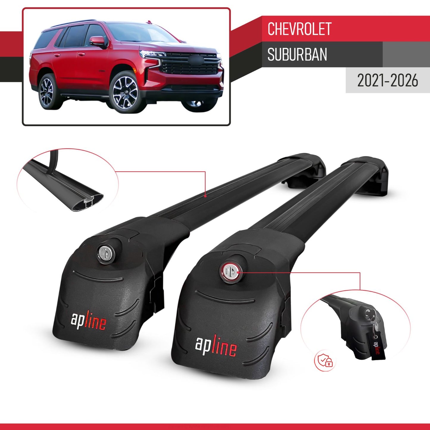 Compatible avec Chevrolet Suburban 2021-2026 ACE-2 modèle Barres de Toit Railing Porte-Bagages de Voiture Noir Aluminium Barres
