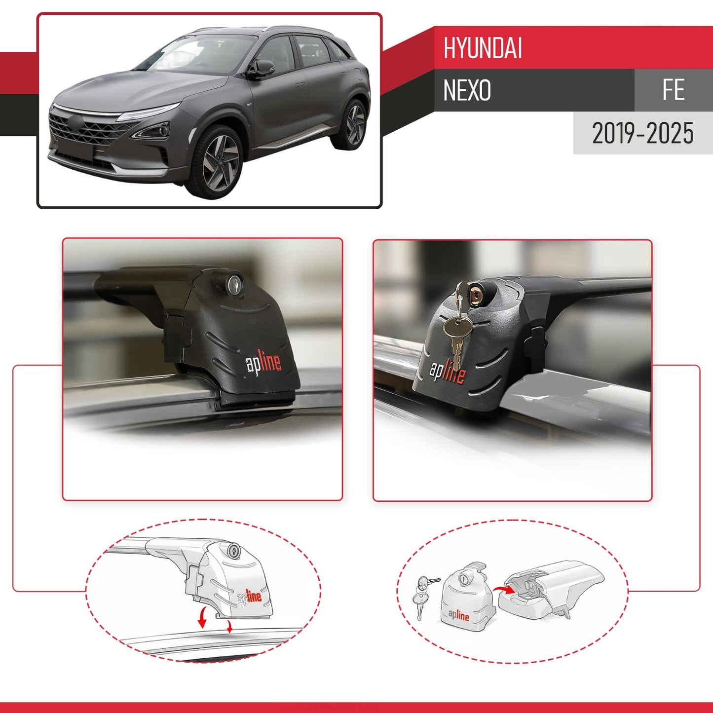 Compatible avec Hyundai Nexo (FE) 2019-2025 ACE-2 modèle Barres de Toit Railing Porte-Bagages de Voiture Noir Aluminium Barres