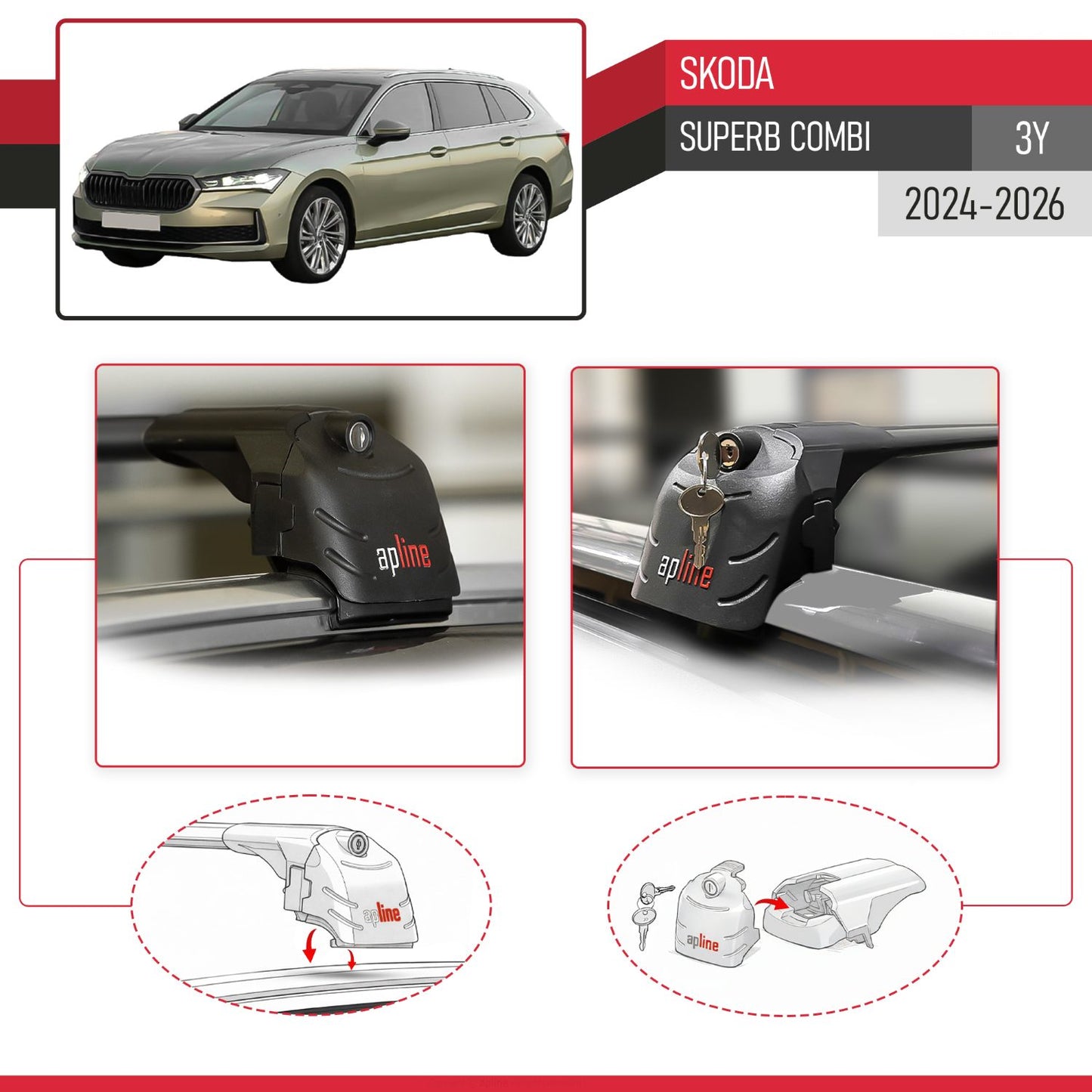 Compatible with Skoda Superb Combi 2024-2025 ACE-2 Car Roof Rack Cross Bar Black Aluminium 2 Bars