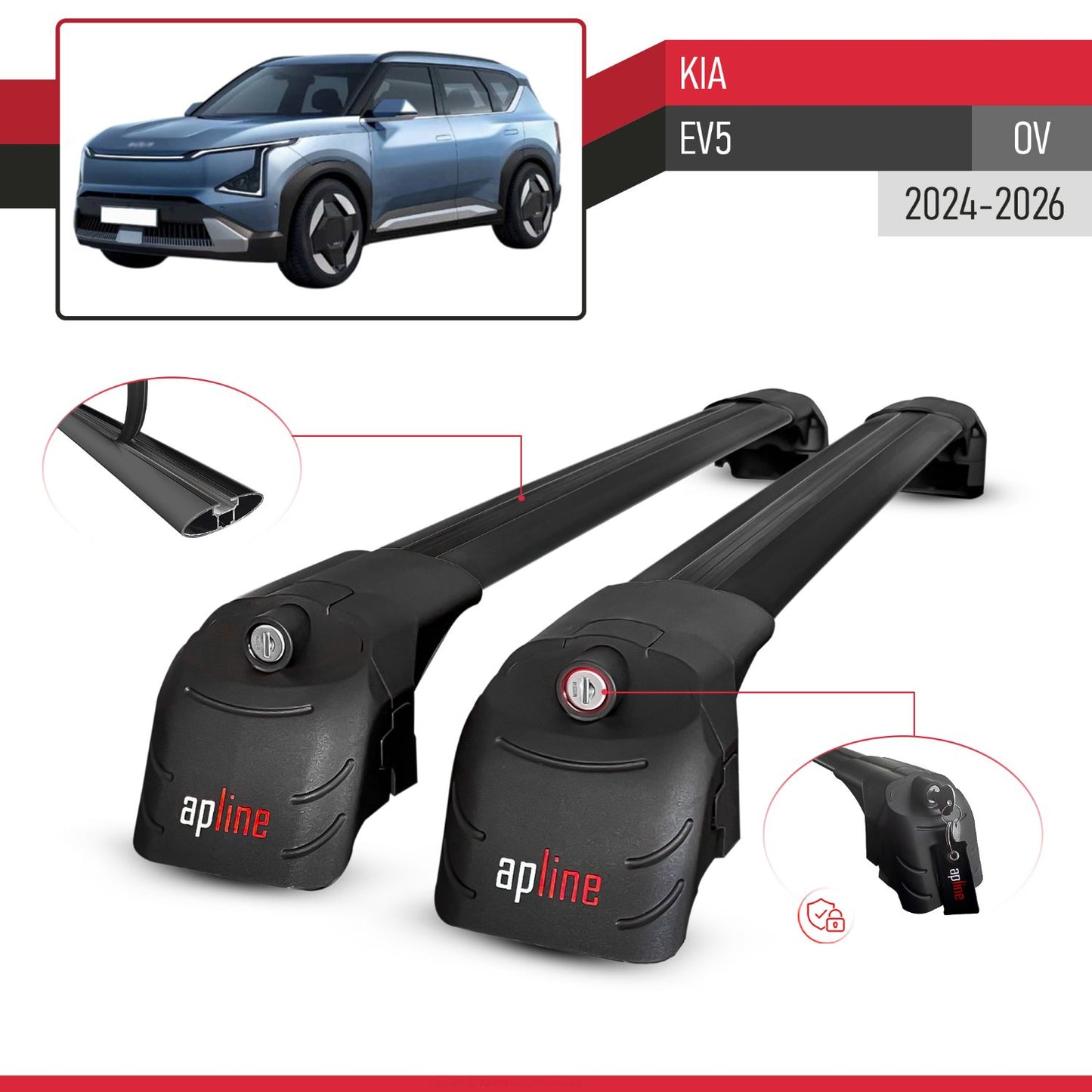 Compatible avec Kia EV5 (OV) 2024-2026 ACE-2 modèle Barres de Toit Railing Porte-Bagages de Voiture Noir Aluminium Barres