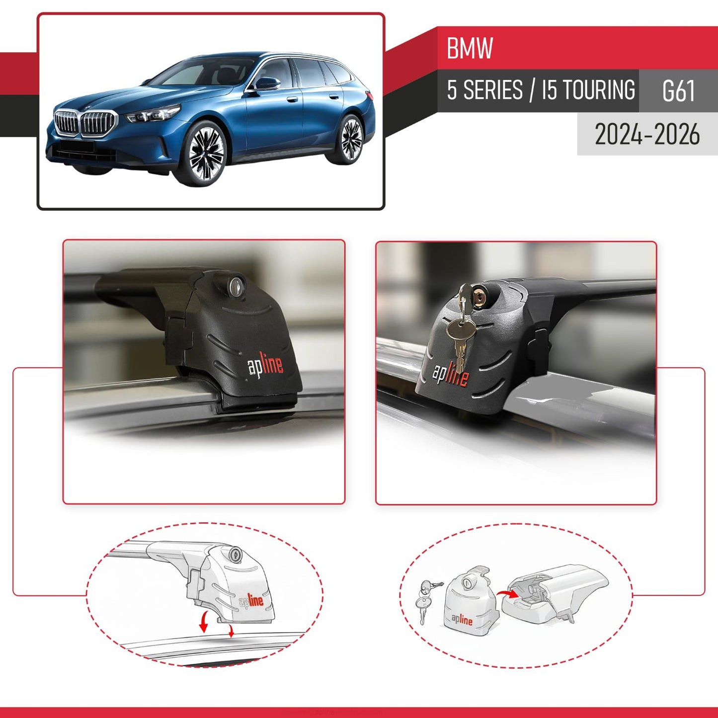 Compatible avec BMW 5 Series / i5 Touring (G61) 2024-2026 ACE-2 modèle Barres de Toit Railing Porte-Bagages de Voiture Noir Aluminium Barres
