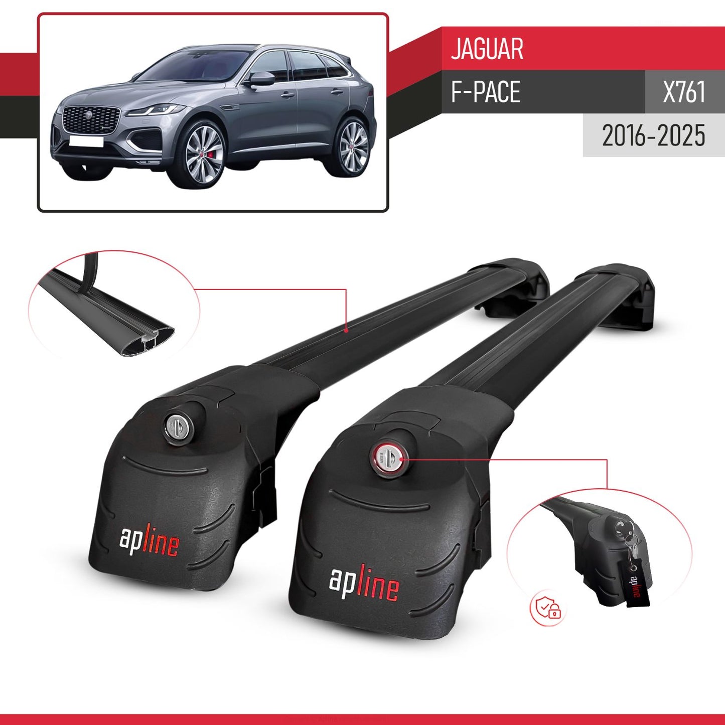 Compatible with Jaguar F-Pace (X761) 2016-2025 ACE-2 Car Roof Rack Cross Bar Black Aluminium 2 Bars