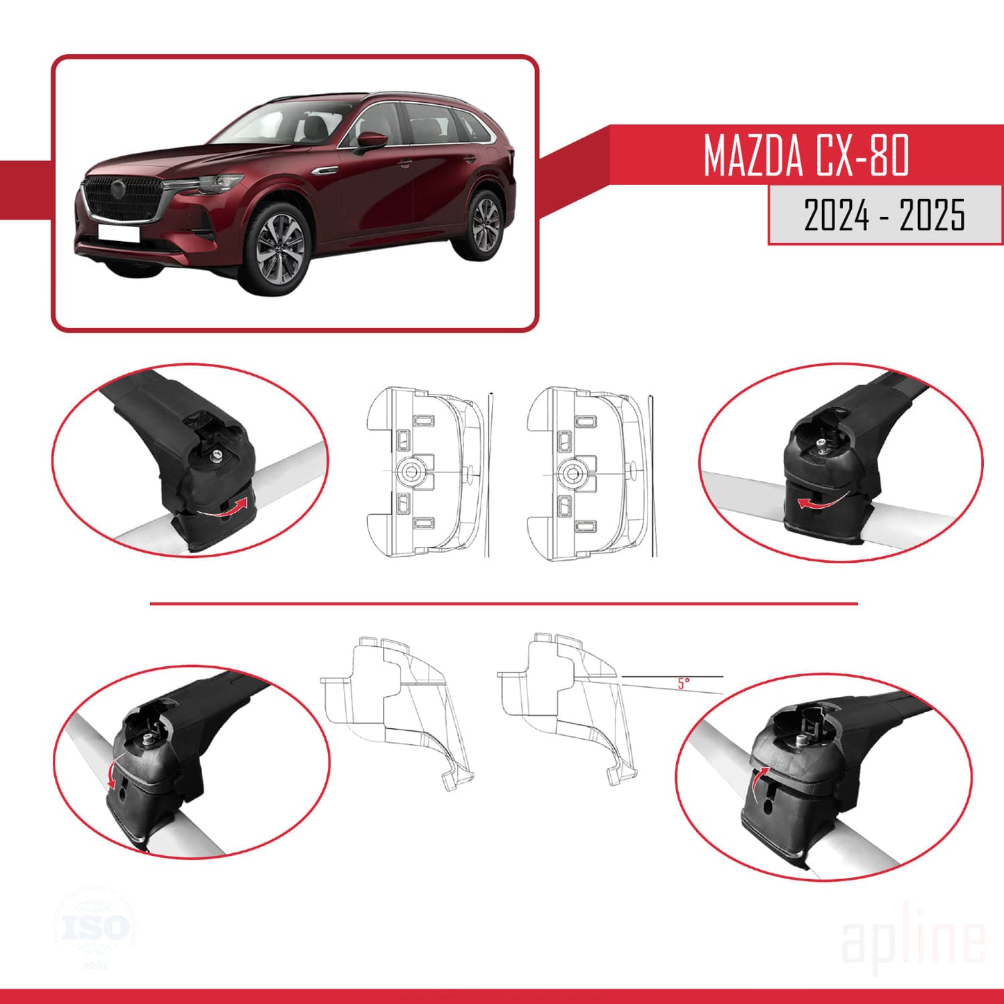 Compatible avec Mazda CX-80 2024-2025 ACE-2 Barres de Toit Railing Porte-Bagages de Voiture Noir Aluminium 2 Barres