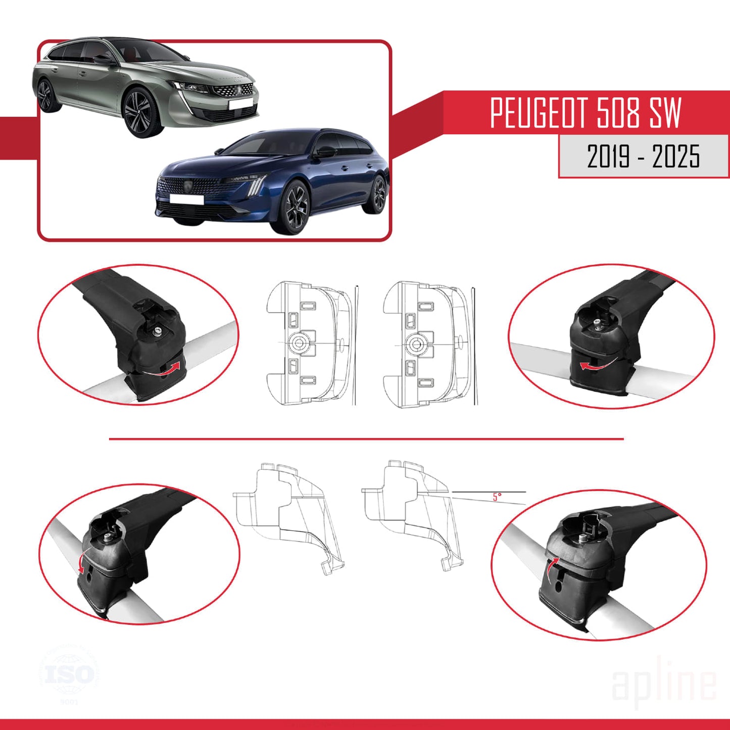 Compatible avec Peugeot 508 SW 2019-2025 ACE-2 Barres de Toit Railing Porte-Bagages de Voiture Noir Aluminium 2 Barres