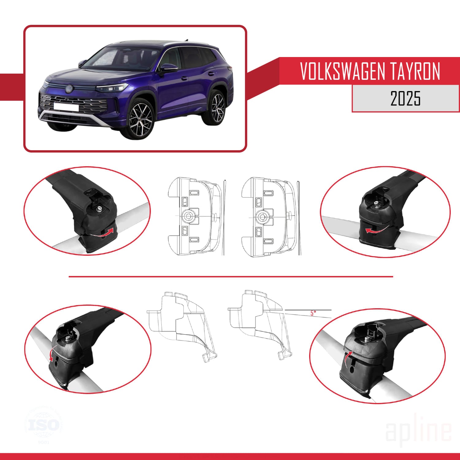 Compatible avec Volkswagen Tayron 2025 ACE-2 Barres de Toit Railing Porte-Bagages de Voiture Noir Aluminium 2 Barres