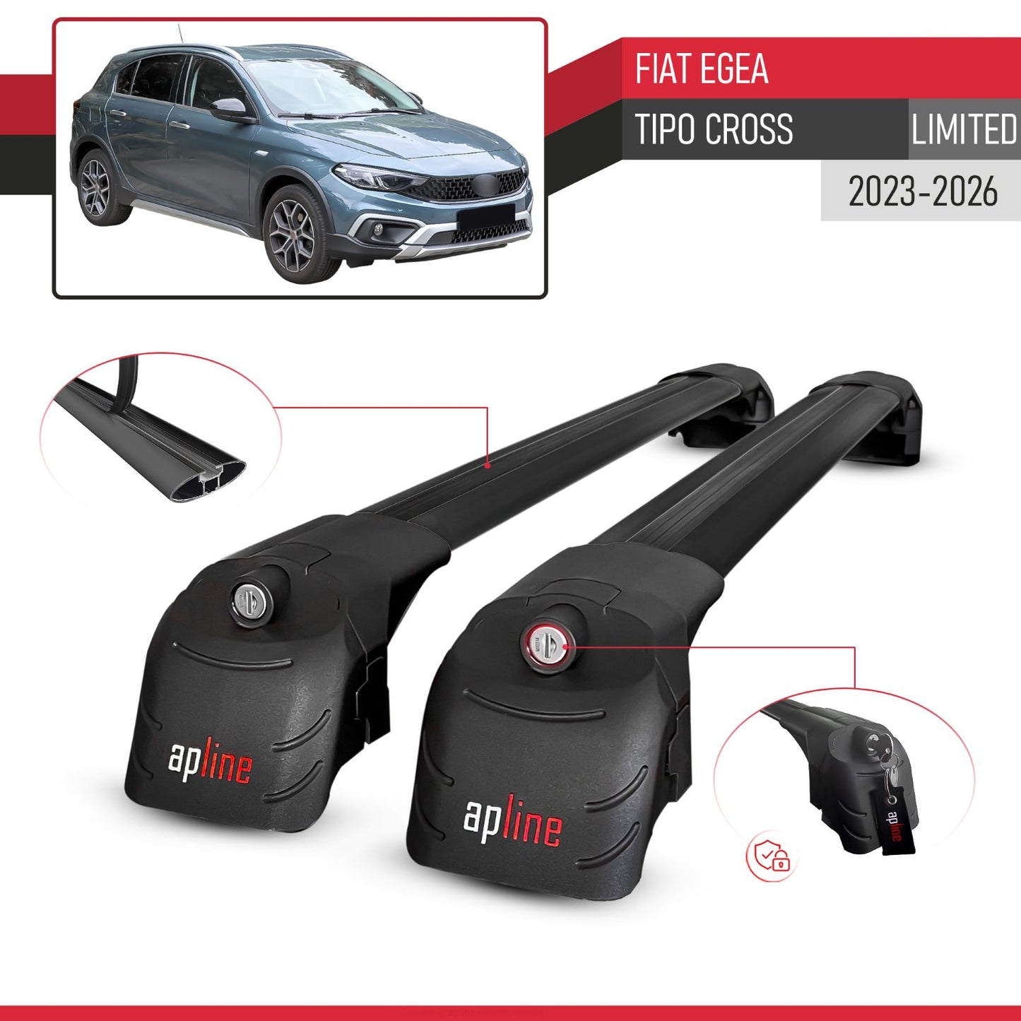 Compatible avec Fiat Egea / Tipo Cross (LIMITED) 2023-2026 ACE-2 modèle Barres de Toit Railing Porte-Bagages de Voiture Noir Aluminium Barres