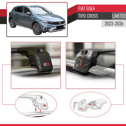 Compatible avec Fiat Egea / Tipo Cross (LIMITED) 2023-2026 ACE-2 modèle Barres de Toit Railing Porte-Bagages de Voiture Noir Aluminium Barres