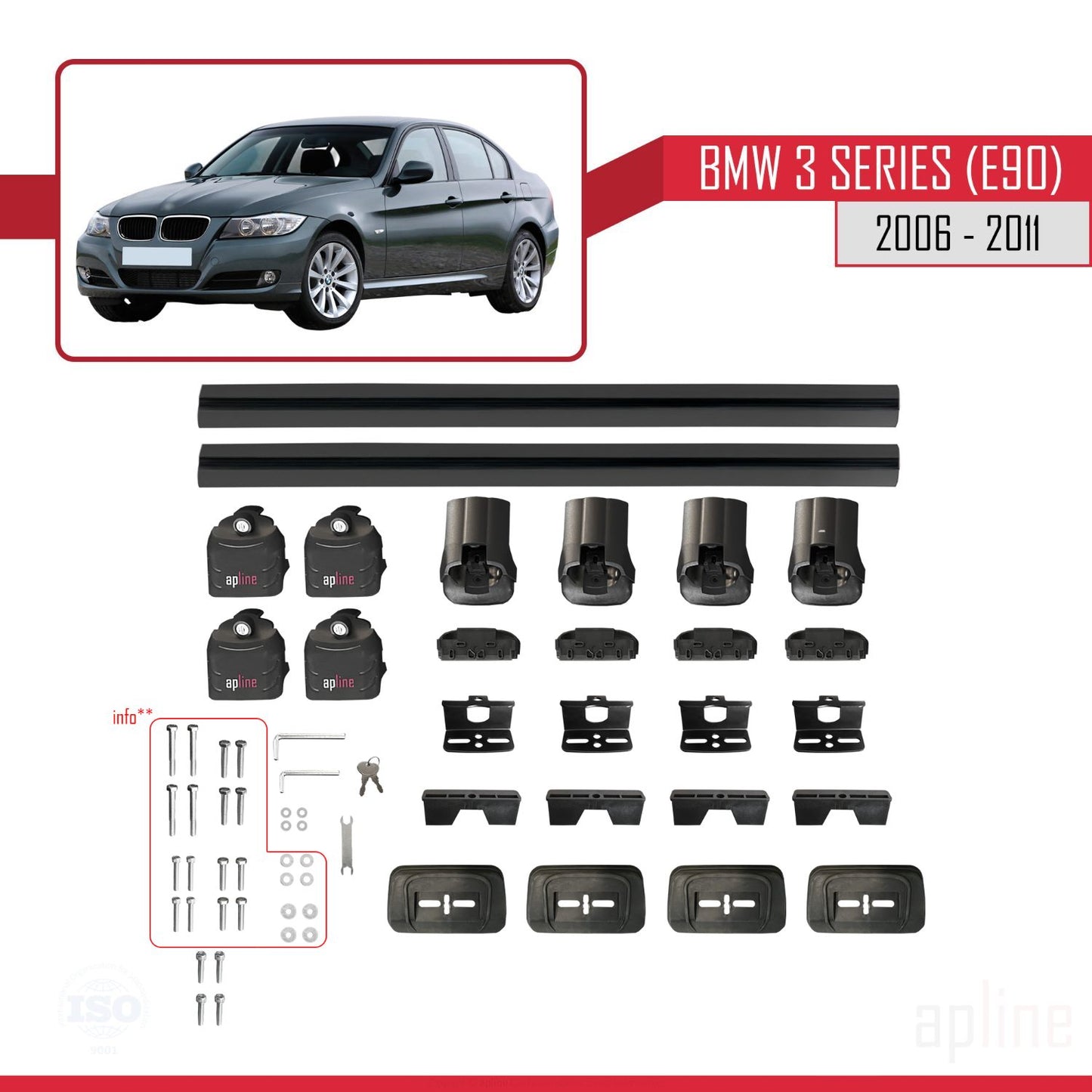 Compatible avec BMW Série 3 (E90) 2006-2011 ACE-3 Barres de Toit Railing Porte-Bagages de Voiture Noir Aluminium 2 Barres