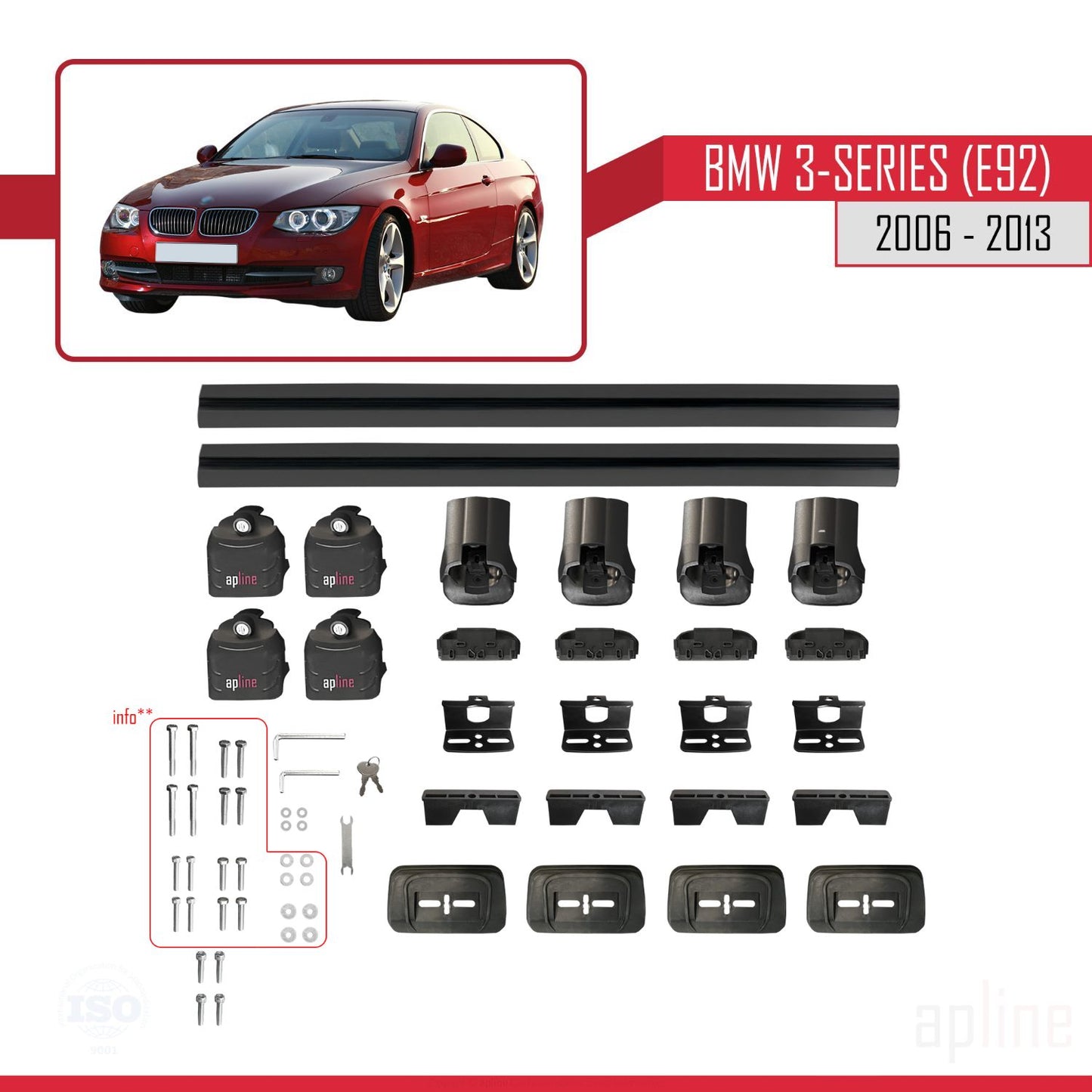 Compatible avec BMW Série 3 (E92) 2006-2013 ACE-3 Barres de Toit Railing Porte-Bagages de Voiture Noir Aluminium 2 Barres