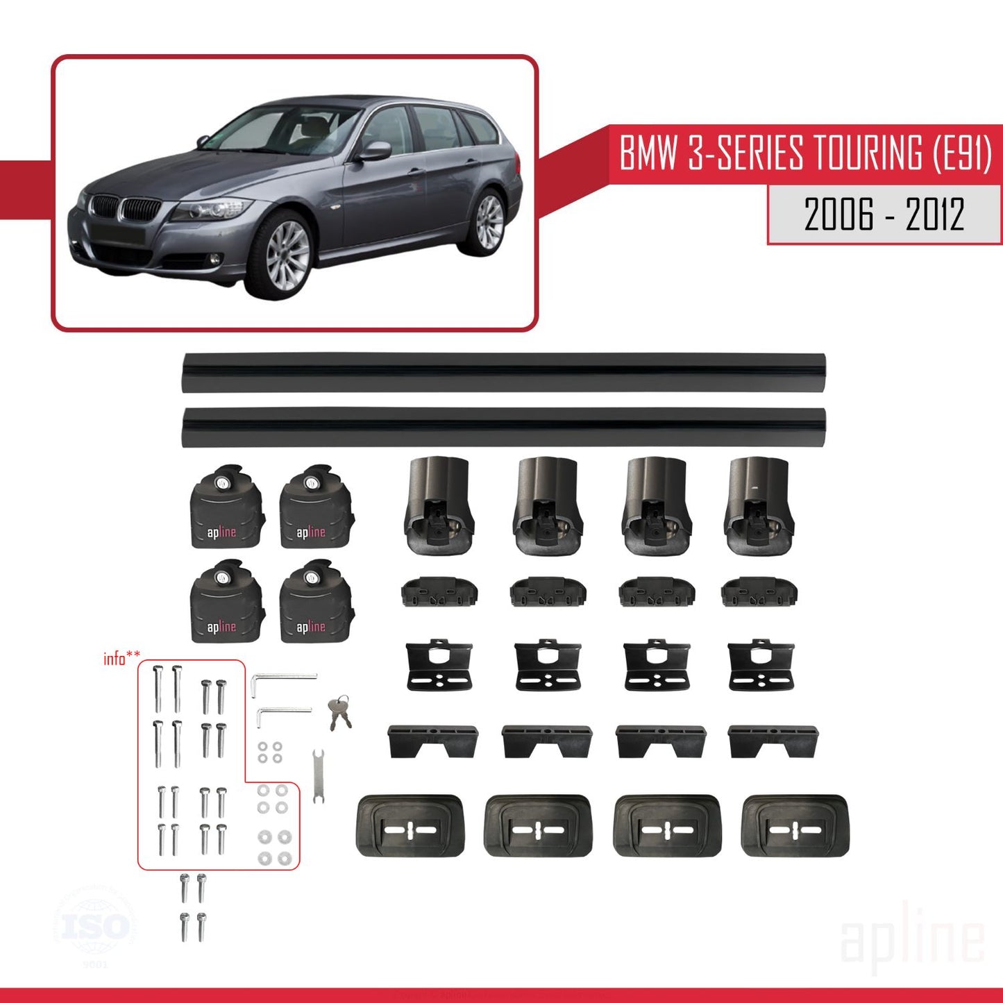 Compatible avec BMW Série 3 Touring (E91) 2006-2012 ACE-3 Barres de Toit Railing Porte-Bagages de Voiture Noir Aluminium 2 Barres