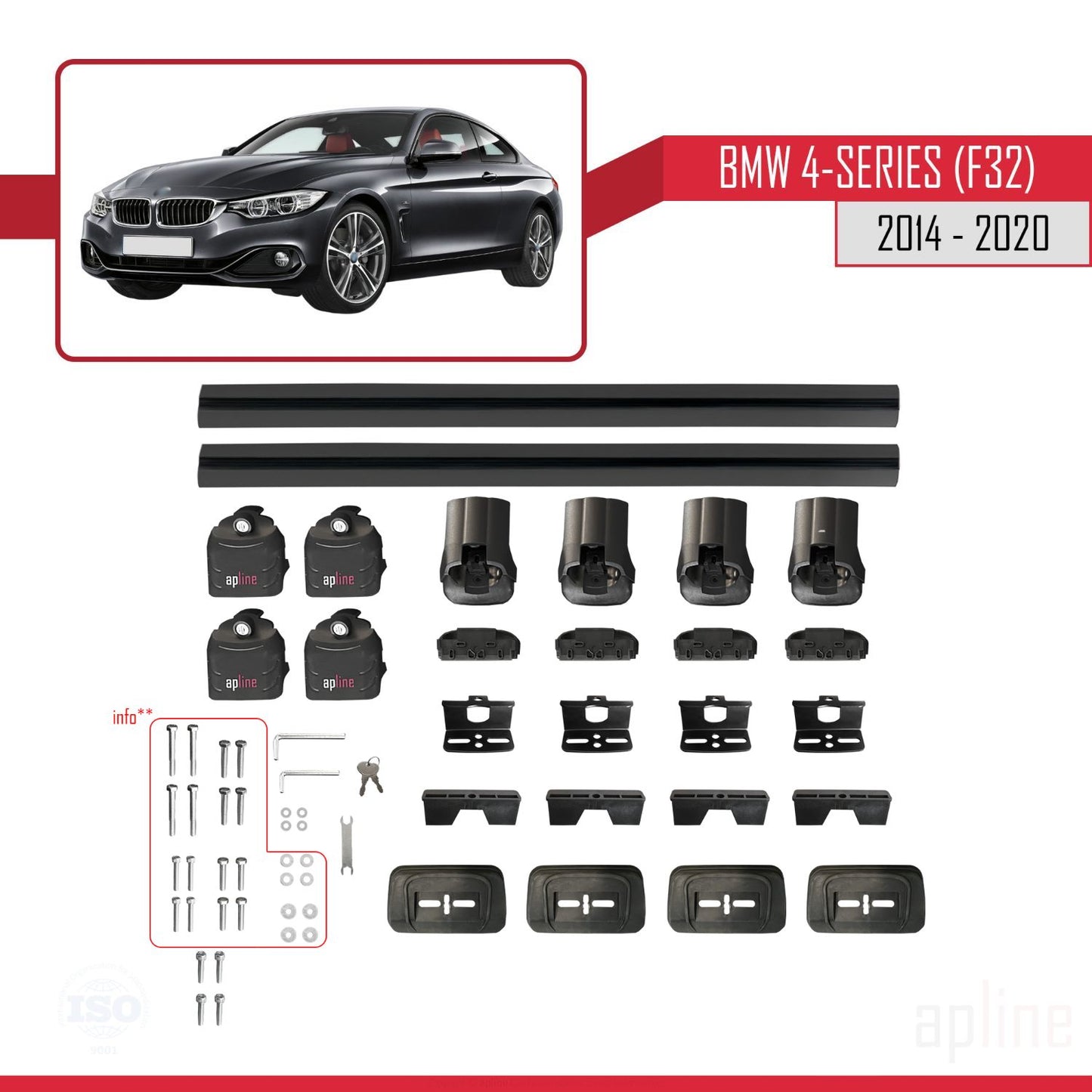 Compatible avec BMW Série 4 (F32) 2014-2020 ACE-3 Barres de Toit Railing Porte-Bagages de Voiture Noir Aluminium 2 Barres