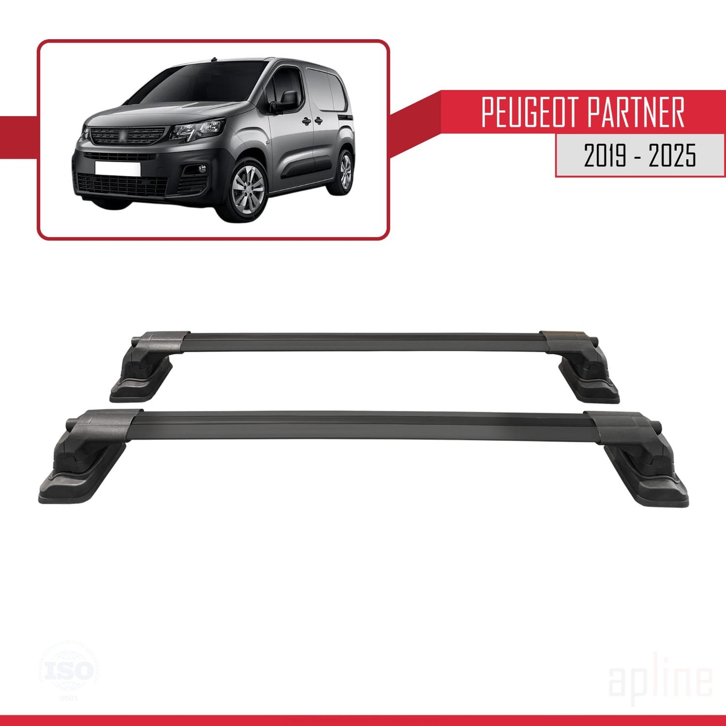 Compatible avec Peugeot Partner 2019-2025 ACE-3 Barres de Toit Railing Porte-Bagages de Voiture Noir Aluminium 2 Barres