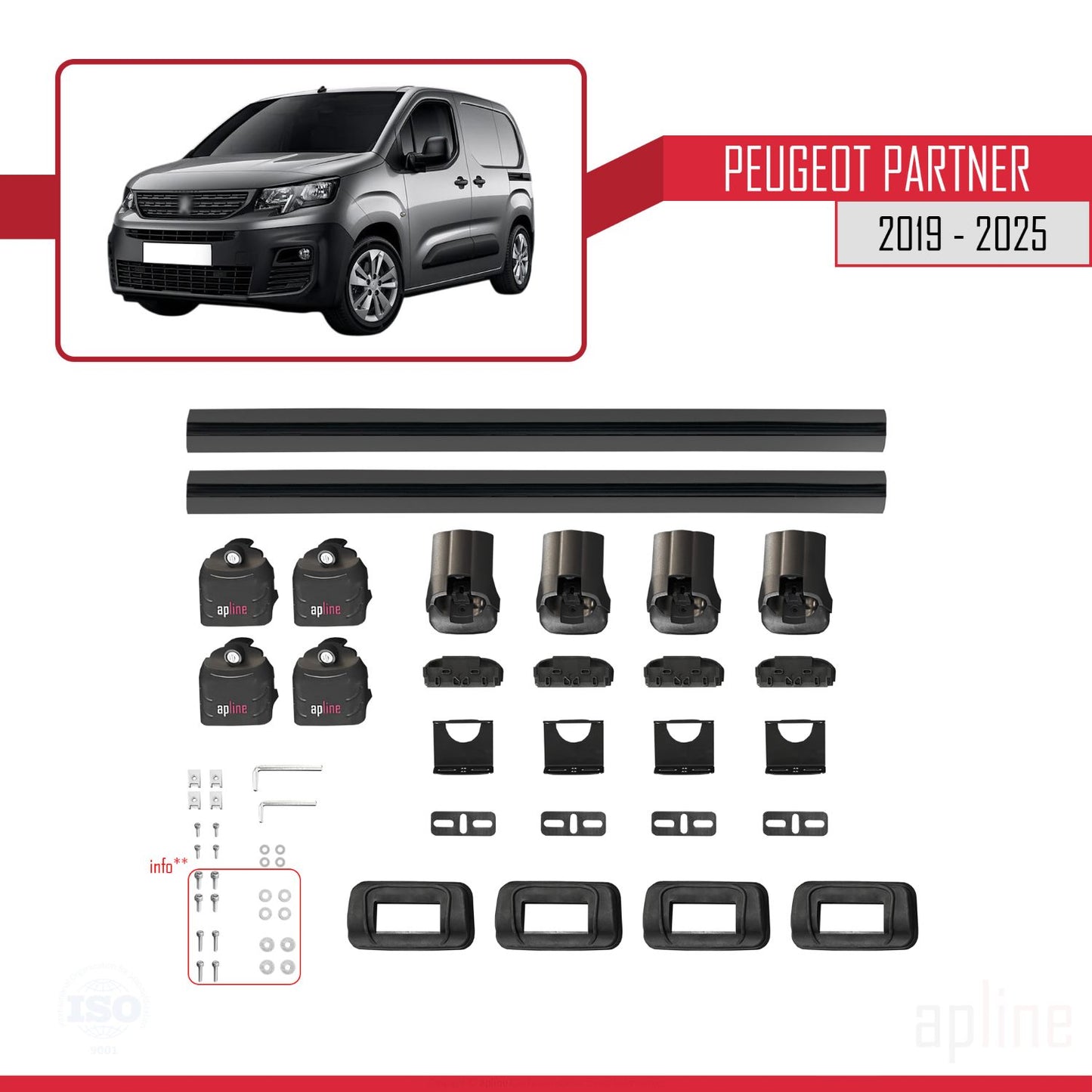 Compatible avec Peugeot Partner 2019-2025 ACE-3 Barres de Toit Railing Porte-Bagages de Voiture Noir Aluminium 2 Barres