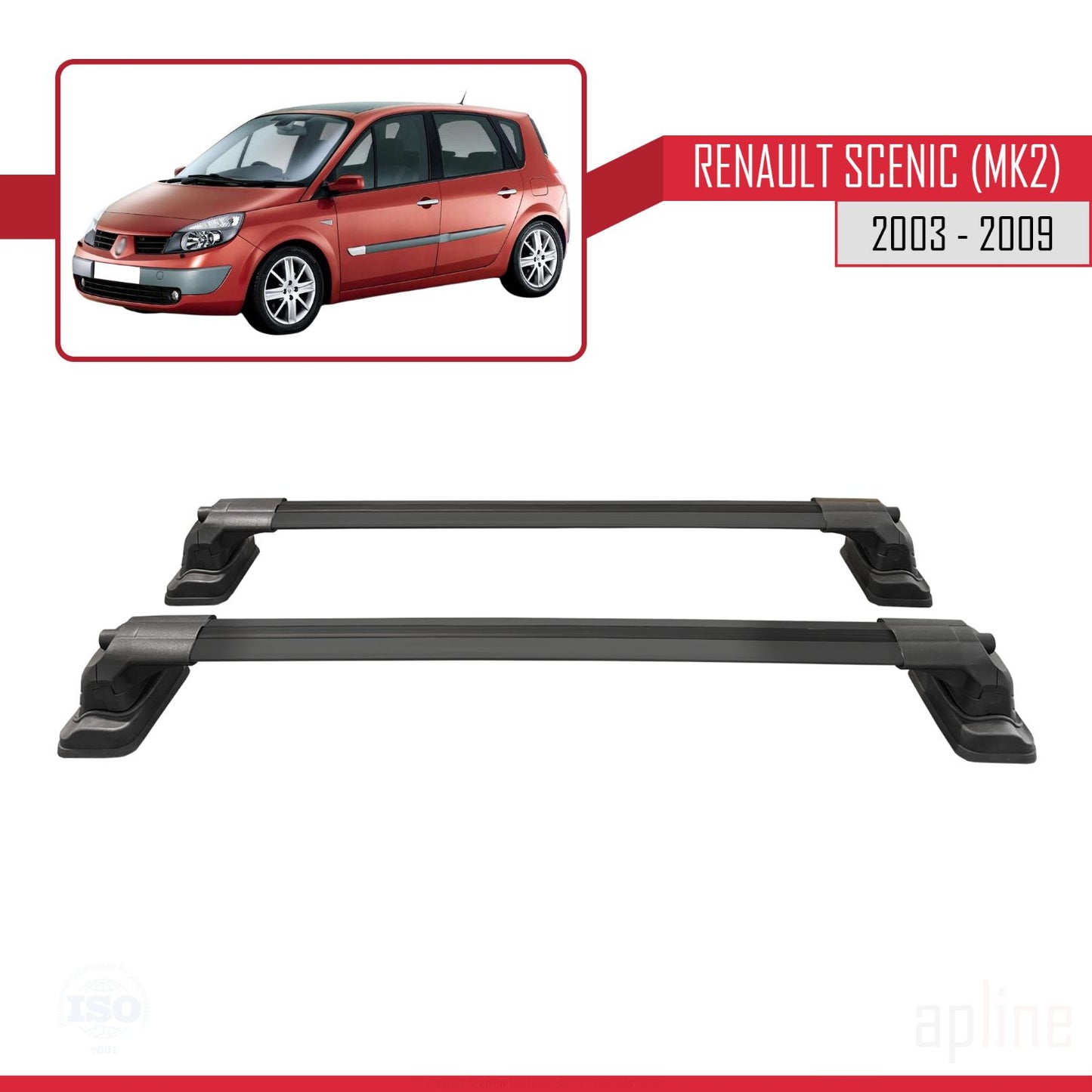 Compatible avec Renault Scenic (MK2) 2003-2009 ACE-3 Barres de Toit Railing Porte-Bagages de Voiture Noir Aluminium 2 Barres
