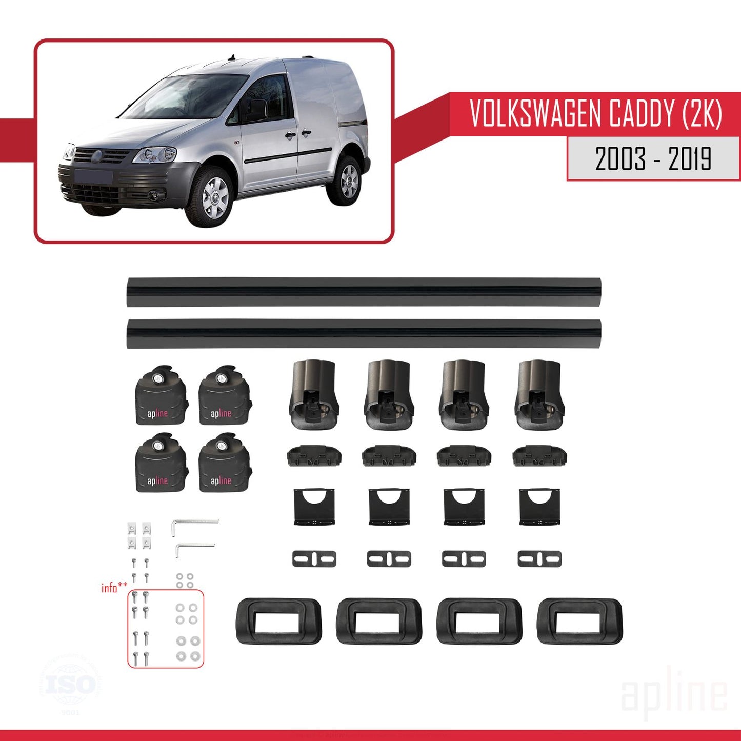 Compatible avec Volkswagen Caddy (2K) 2003-2019 ACE-3 Barres de Toit Railing Porte-Bagages de Voiture Noir Aluminium 2 Barres