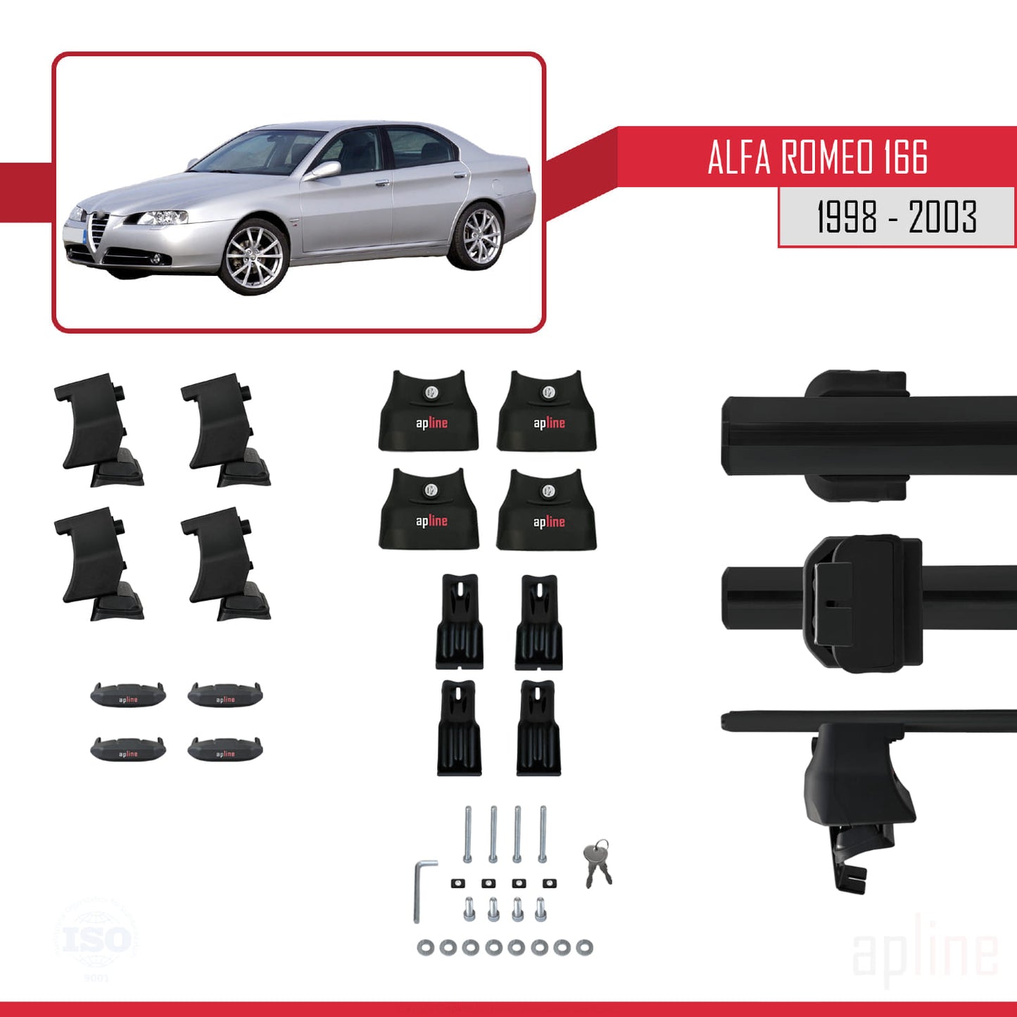 Compatible avec Alfa Romeo 166 (T936) Pre-Facelift 1998-2003 ACE-4 Barres de Toit Railing Porte-Bagages de Voiture Noir Aluminium 2 Barres