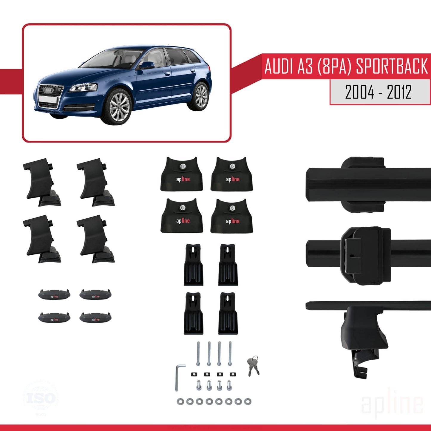 Compatible avec A3 (8PA) Sportback 2004-2012 ACE-4 Barres de Toit Railing Porte-Bagages de Voiture Noir Aluminium 2 Barres