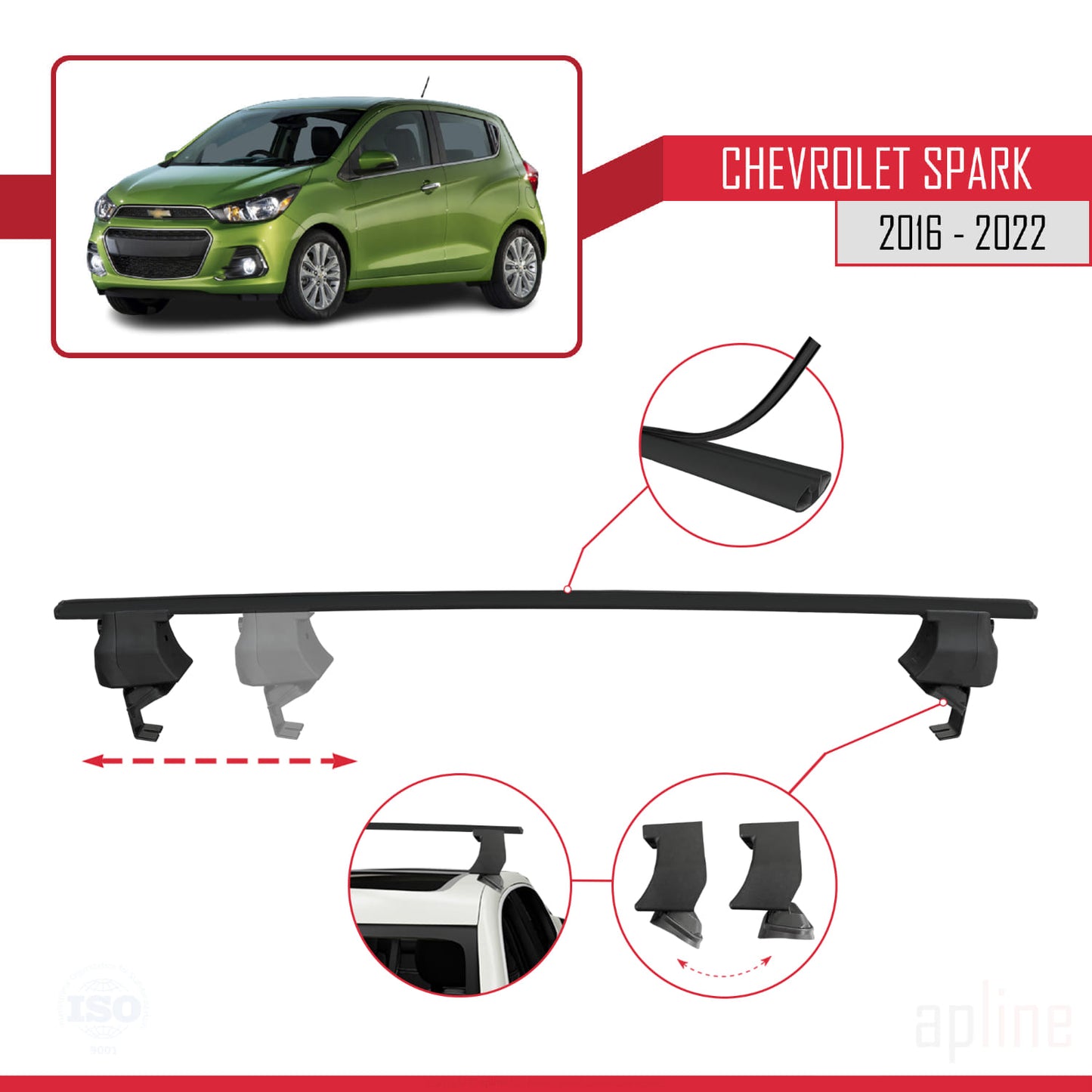 Compatible avec Chevrolet Spark (M400) 2016-2022 ACE-4 Barres de Toit Railing Porte-Bagages de Voiture Noir Aluminium 2 Barres