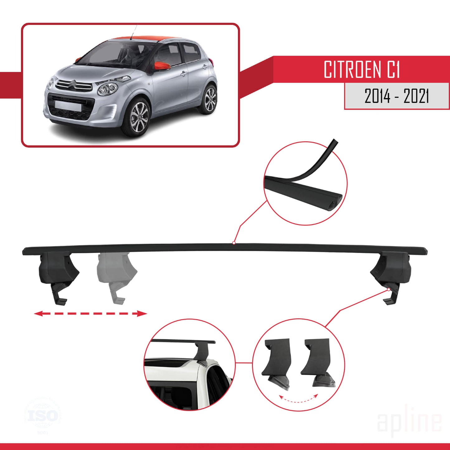 Compatible avec Citroen C1 (AB40) 2014-2021 ACE-4 Barres de Toit Railing Porte-Bagages de Voiture Noir Aluminium 2 Barres