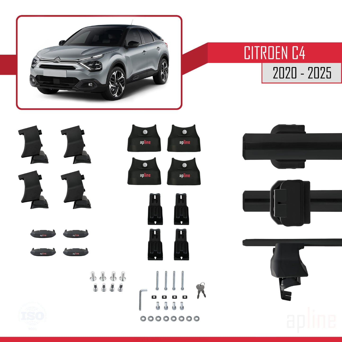 Compatible avec Citroen C4 III (C41) 2020-2025 ACE-4 Barres de Toit Railing Porte-Bagages de Voiture Noir Aluminium 2 Barres