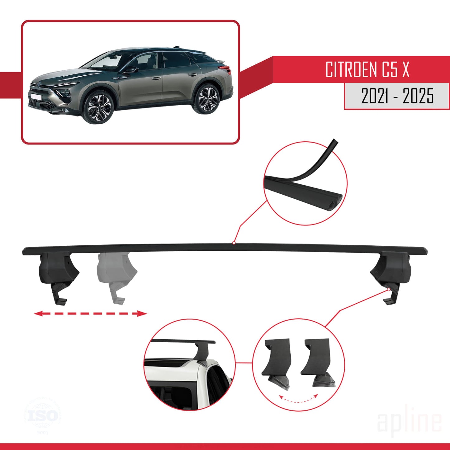 Compatible avec Citroen C5 X (E43) 2021-2025 ACE-4 Barres de Toit Railing Porte-Bagages de Voiture Noir Aluminium 2 Barres