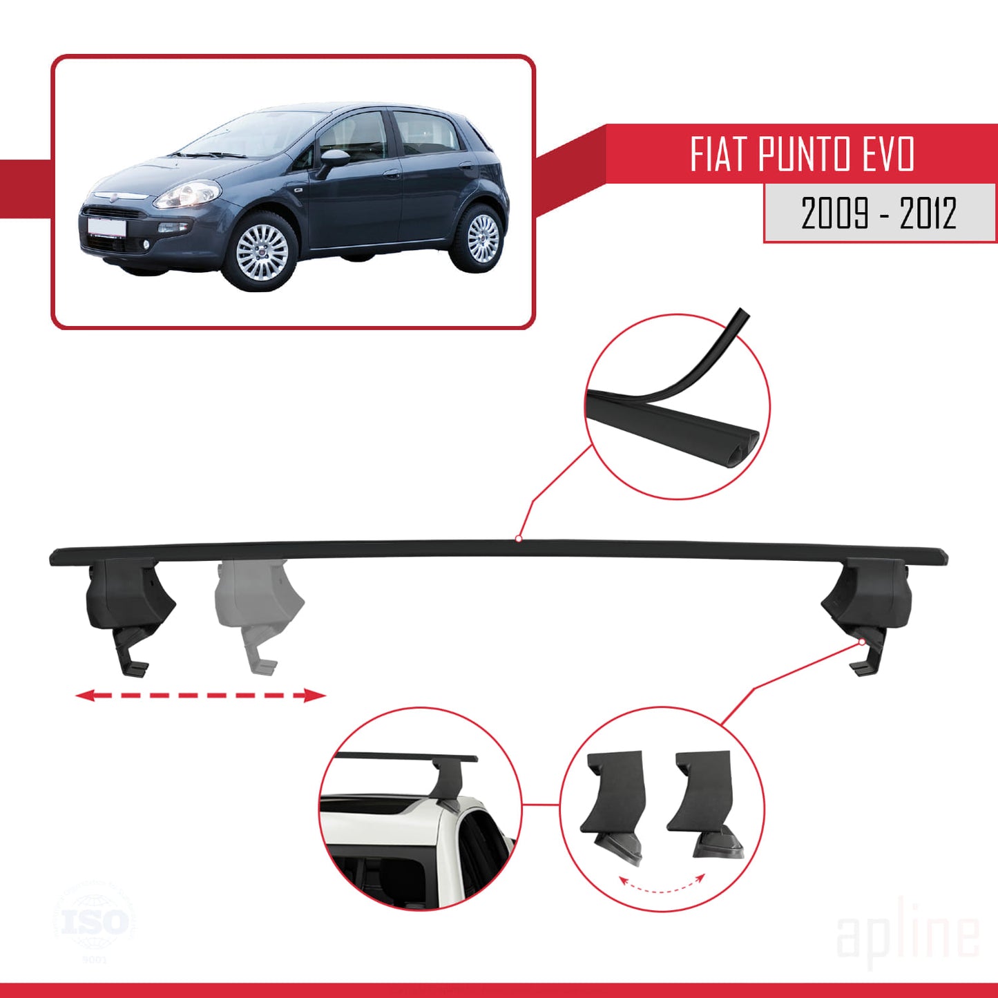 Compatible avec Fiat Punto Evo (199) 2009-2012 ACE-4 Barres de Toit Railing Porte-Bagages de Voiture Noir Aluminium 2 Barres