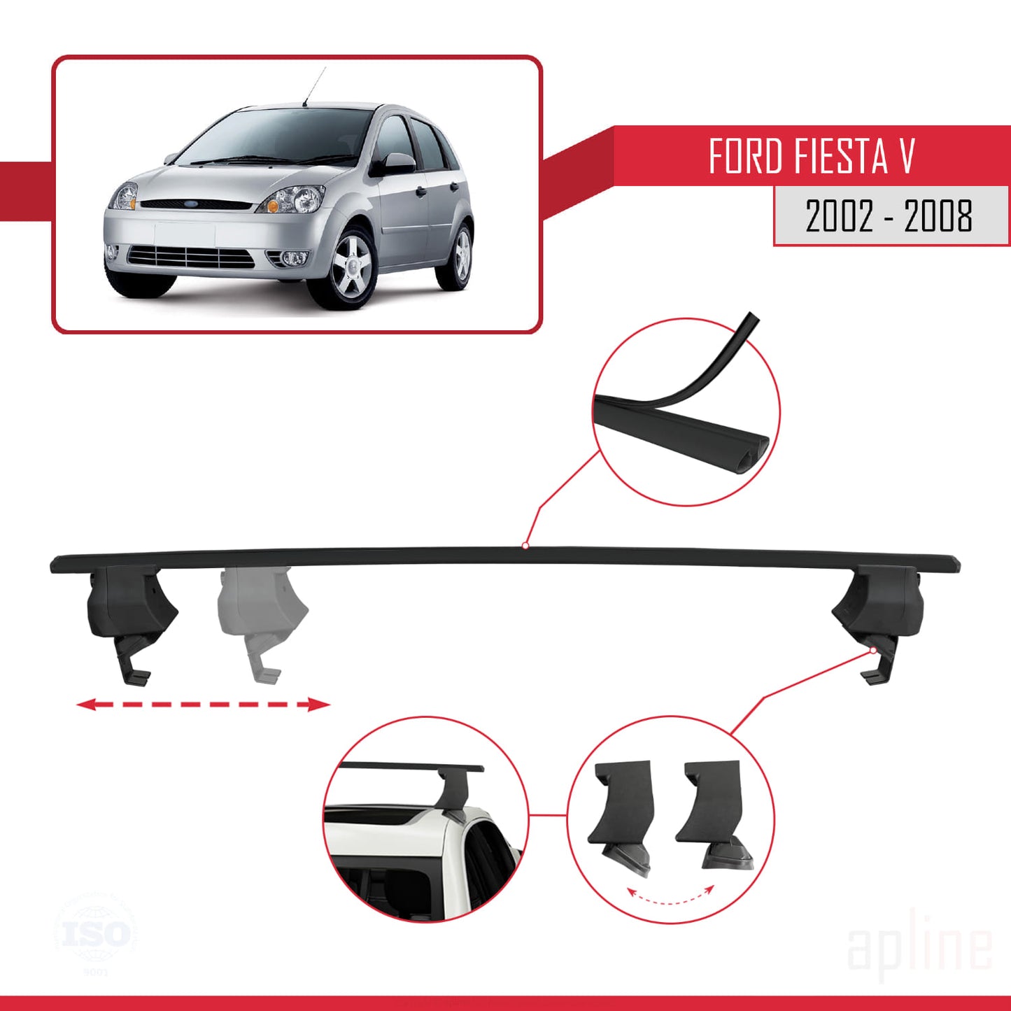Compatible avec Ford Fiesta 5 2002-2008 ACE-4 Barres de Toit Railing Porte-Bagages de Voiture Noir Aluminium 2 Barres