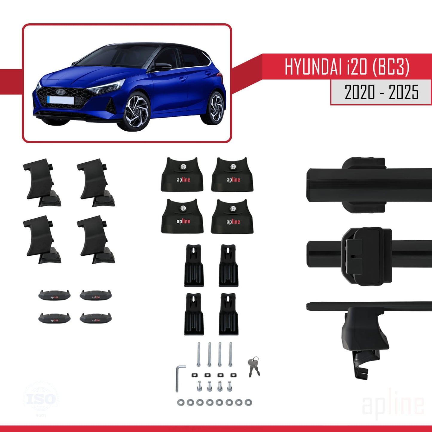 Compatible with Hyundai i20 III (BC3) 2020-2025 ACE-4 Car Roof Rack Cross Bar Black Aluminium 2 Bars