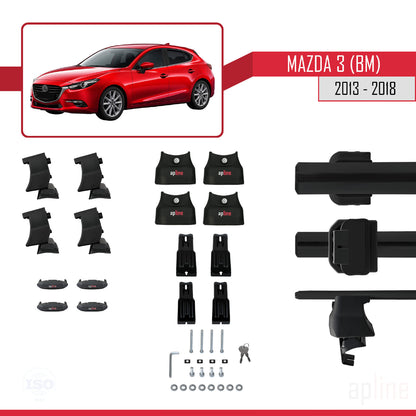 Compatible avec Mazda 3 III (BM) 2013-2018 ACE-4 Barres de Toit Railing Porte-Bagages de Voiture Noir Aluminium 2 Barres