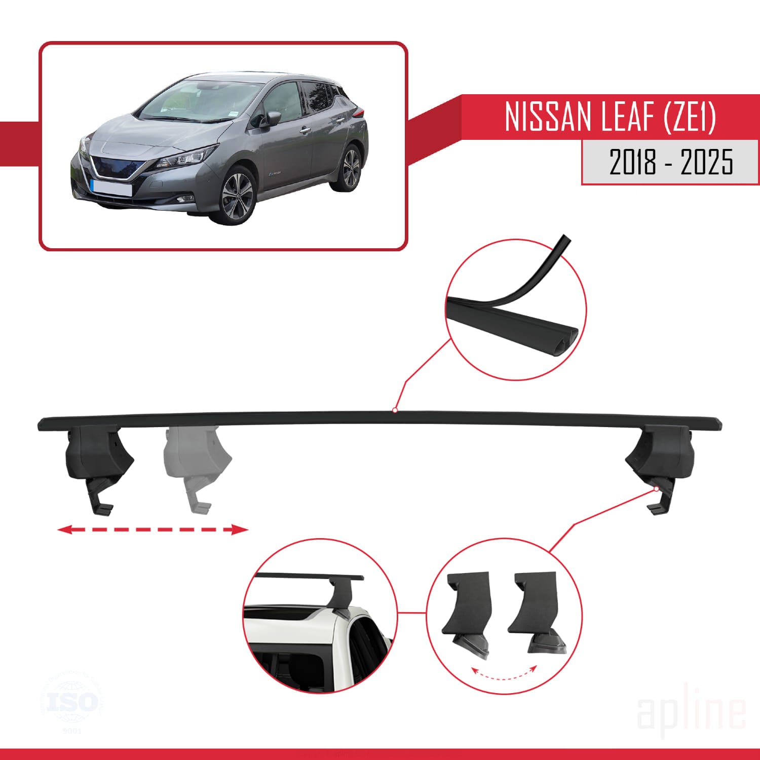 Compatible avec Nissan Leaf 2 (ZE1) 2018-2025 ACE-4 Barres de Toit Railing Porte-Bagages de Voiture Noir Aluminium 2 Barres