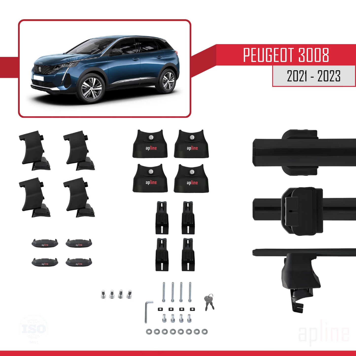 Compatible with Peugeot 3008 II (P84) Post-Facelift 2021-2023 ACE-4 Car Roof Rack Cross Bar Black Aluminium 2 Bars