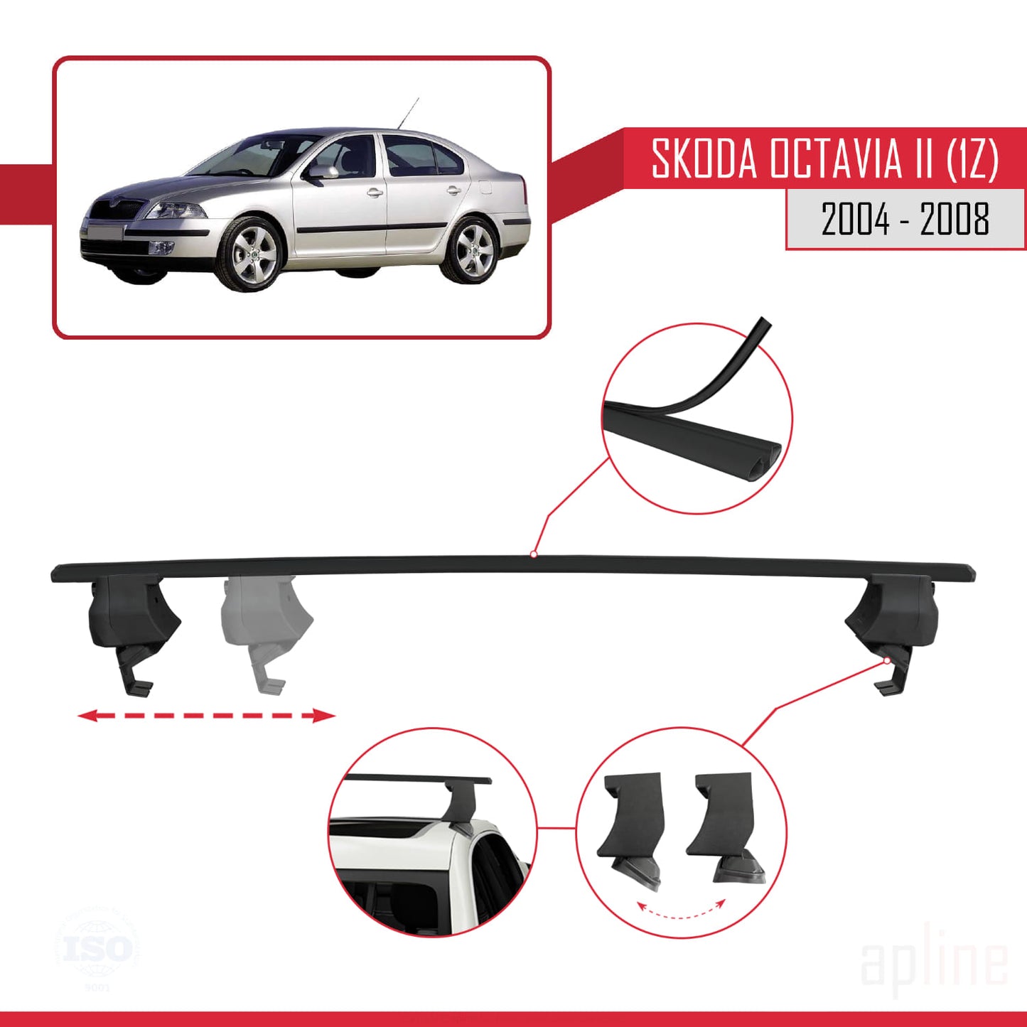 Compatible avec Skoda Octavia 2 (1Z) Pre-Facelift 2004-2008 ACE-4 Barres de Toit Railing Porte-Bagages de Voiture Noir Aluminium 2 Barres