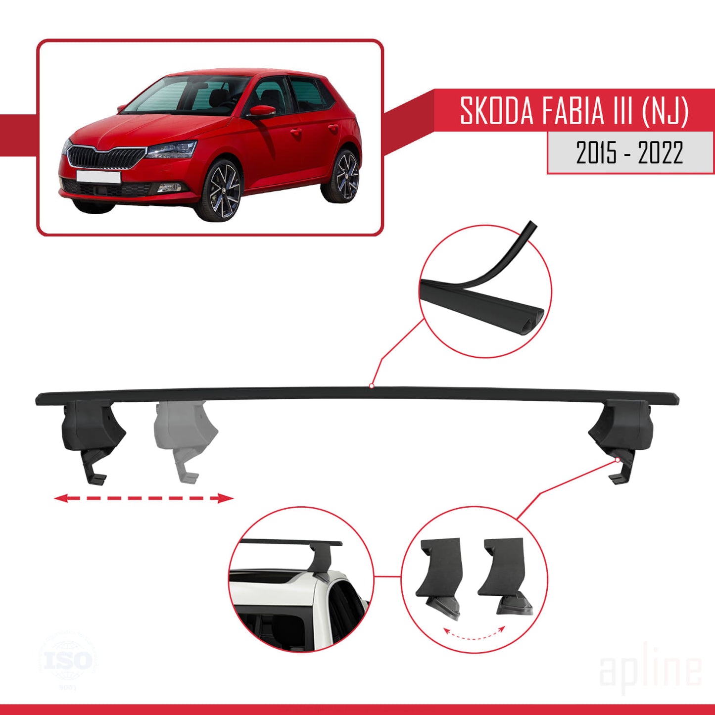 Compatible with Skoda Fabia 3 (NJ) 2015-2022 ACE-4 Car Roof Rack Cross Bar Black Aluminium 2 Bars
