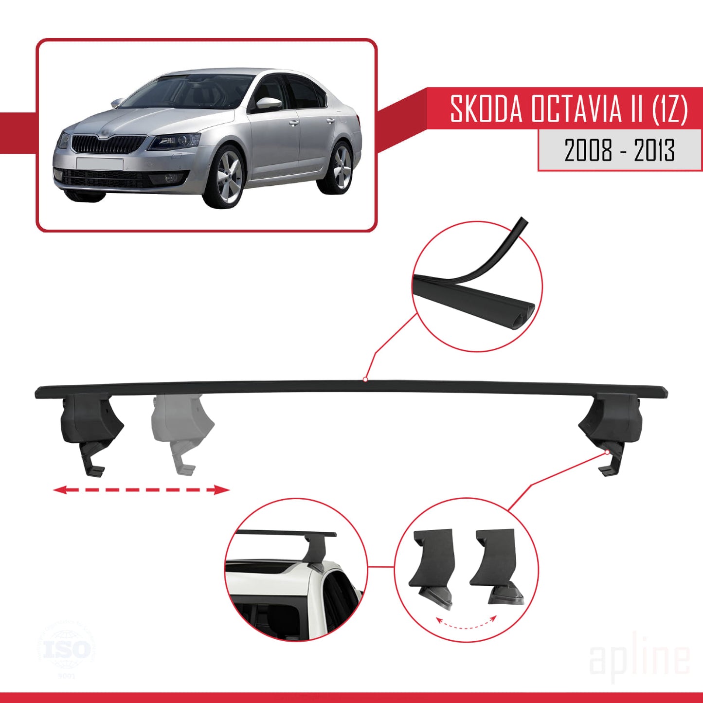 Compatible avec Skoda Octavia 2 (1Z) Post-Facelift 2008-2013 ACE-4 Barres de Toit Railing Porte-Bagages de Voiture Noir Aluminium 2 Barres