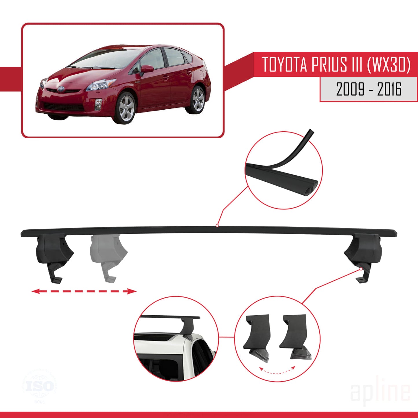 Compatible avec Toyota Prius 3 (XW30) 2009-2016 ACE-4 Barres de Toit Railing Porte-Bagages de Voiture Noir Aluminium 2 Barres