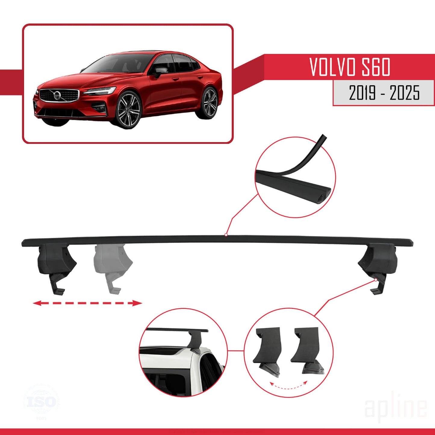 Compatible avec Volvo S60 III 2019-2025 ACE-4 Barres de Toit Railing Porte-Bagages de Voiture Noir Aluminium 2 Barres
