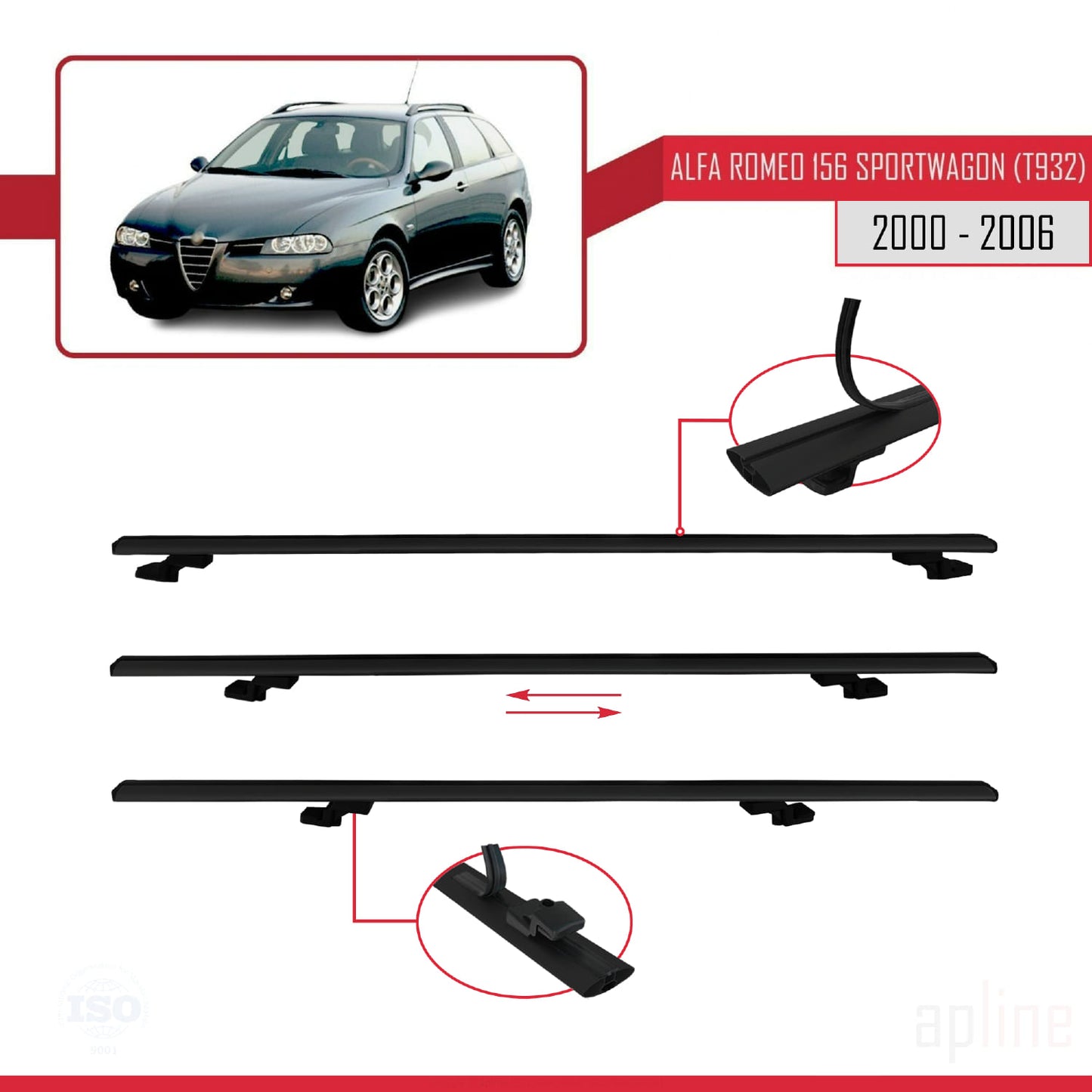 Compatible avec Alfa Romeo 156 (T932) Break 2000-2006 BASIC Model Barres de Toit Railing Porte-Bagages de Voiture Noir Aluminium 2 Barres