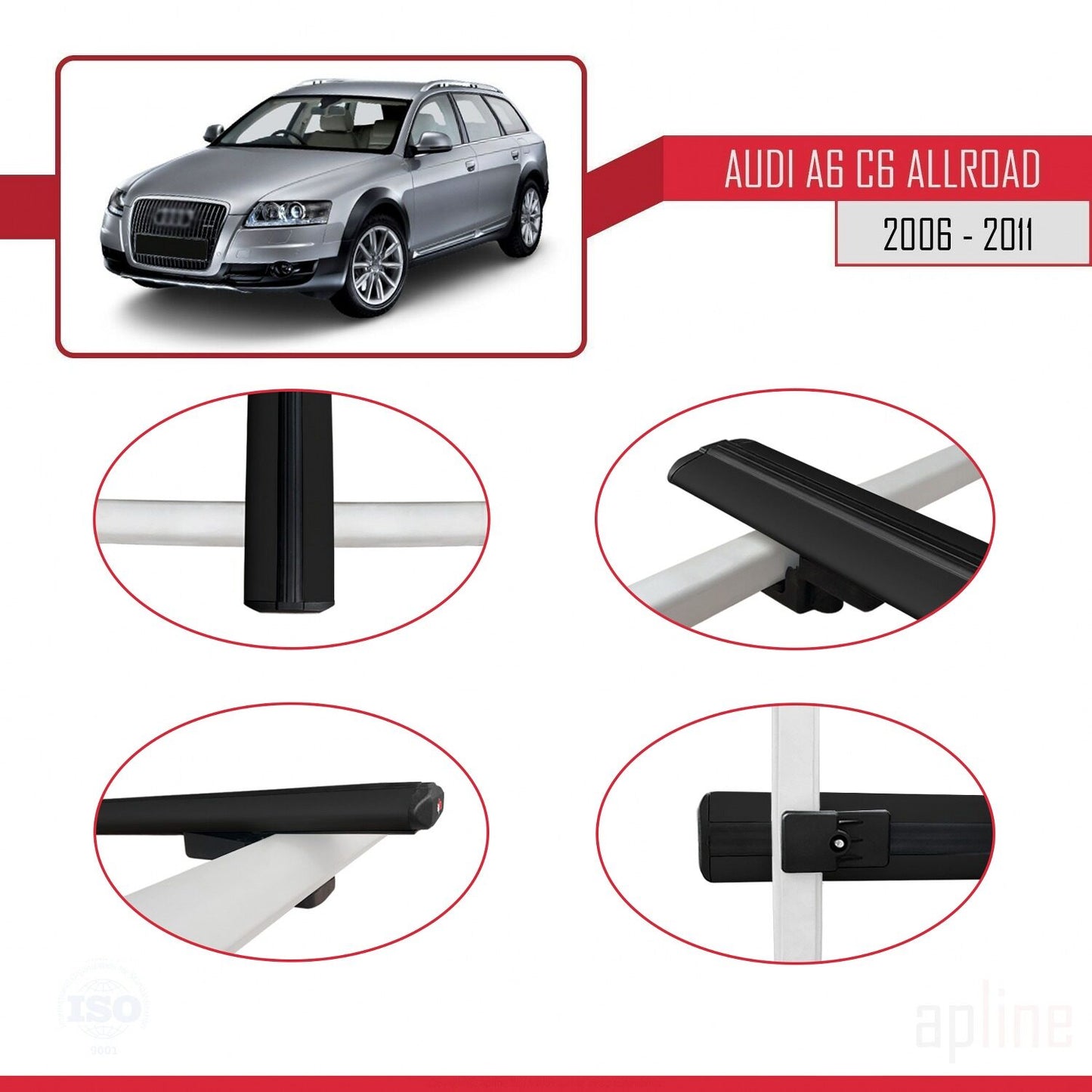 Compatible avec A6 (C6) Allroad 2006-2011 BASIC Model Barres de Toit Railing Porte-Bagages de Voiture Noir Aluminium 2 Barres