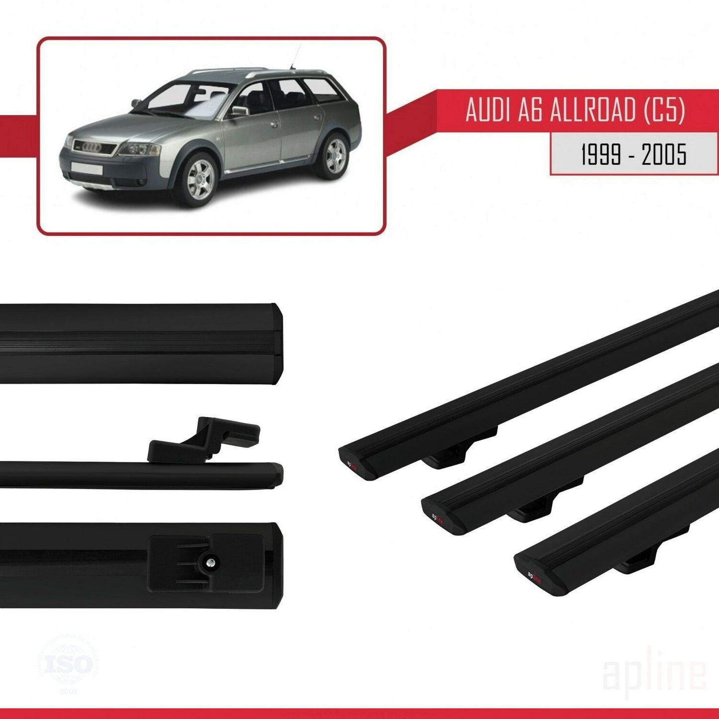 Compatible avec A6 (C5) Allroad 1999-2005 BASIC Model Barres de Toit Railing Porte-Bagages de Voiture Noir Aluminium 3 Barres