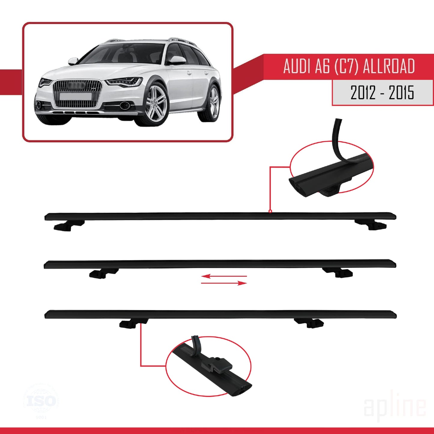 Compatible avec A6 (C7) Allroad 2012-2015 BASIC Model Barres de Toit Railing Porte-Bagages de Voiture Noir Aluminium 3 Barres