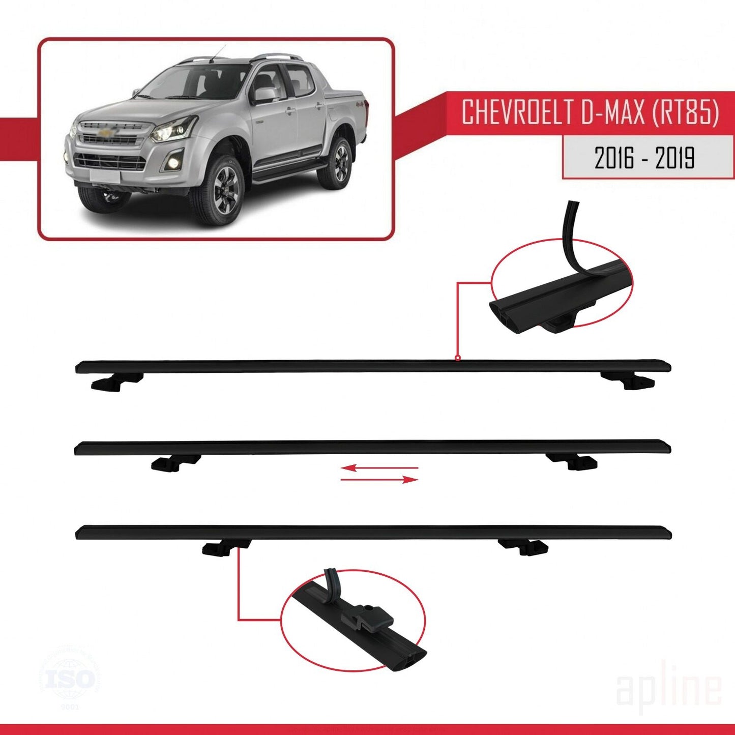 Compatible avec Chevrolet D-Max (RT85) 2016-2019 BASIC Model Barres de Toit Railing Porte-Bagages de Voiture Noir Aluminium 2 Barres